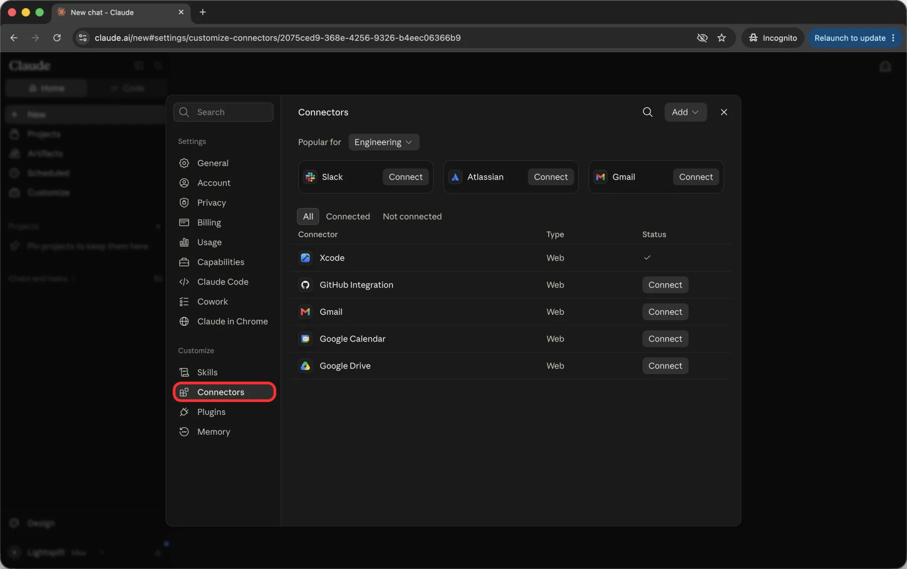 The Connectors list in Claude settings, under the Customize section