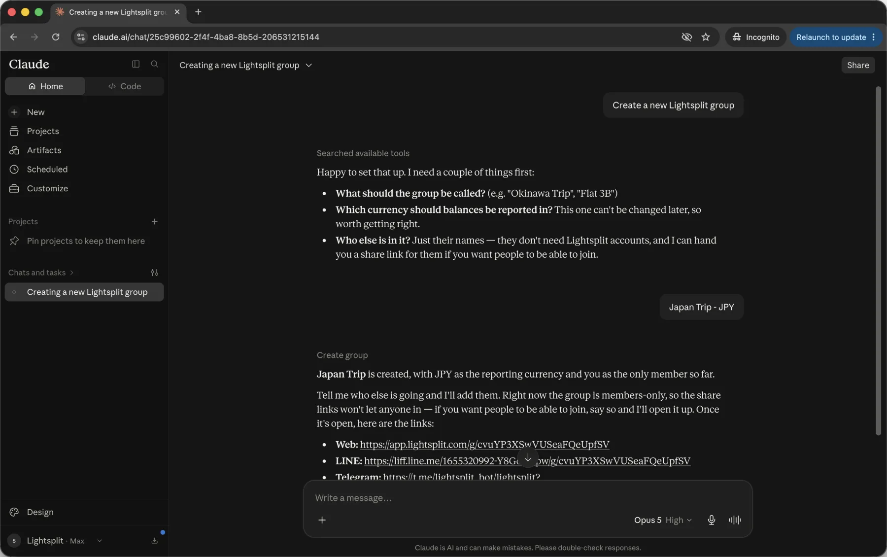 Creating a Japan Trip group in Lightsplit through a Claude conversation