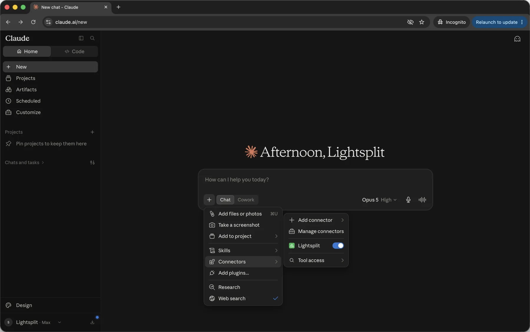 Turning on the Lightsplit connector from the plus menu in a Claude conversation