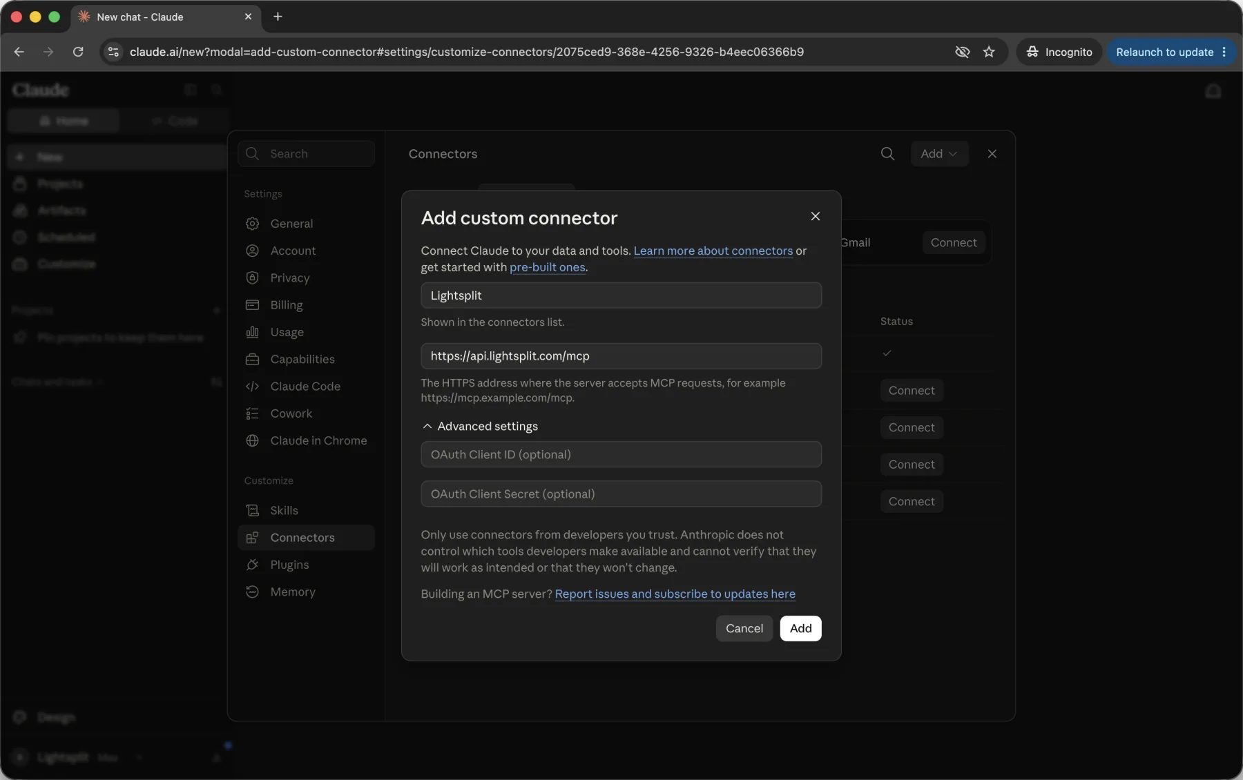 Filling in Lightsplit and the MCP server URL in Claude's add custom connector dialog