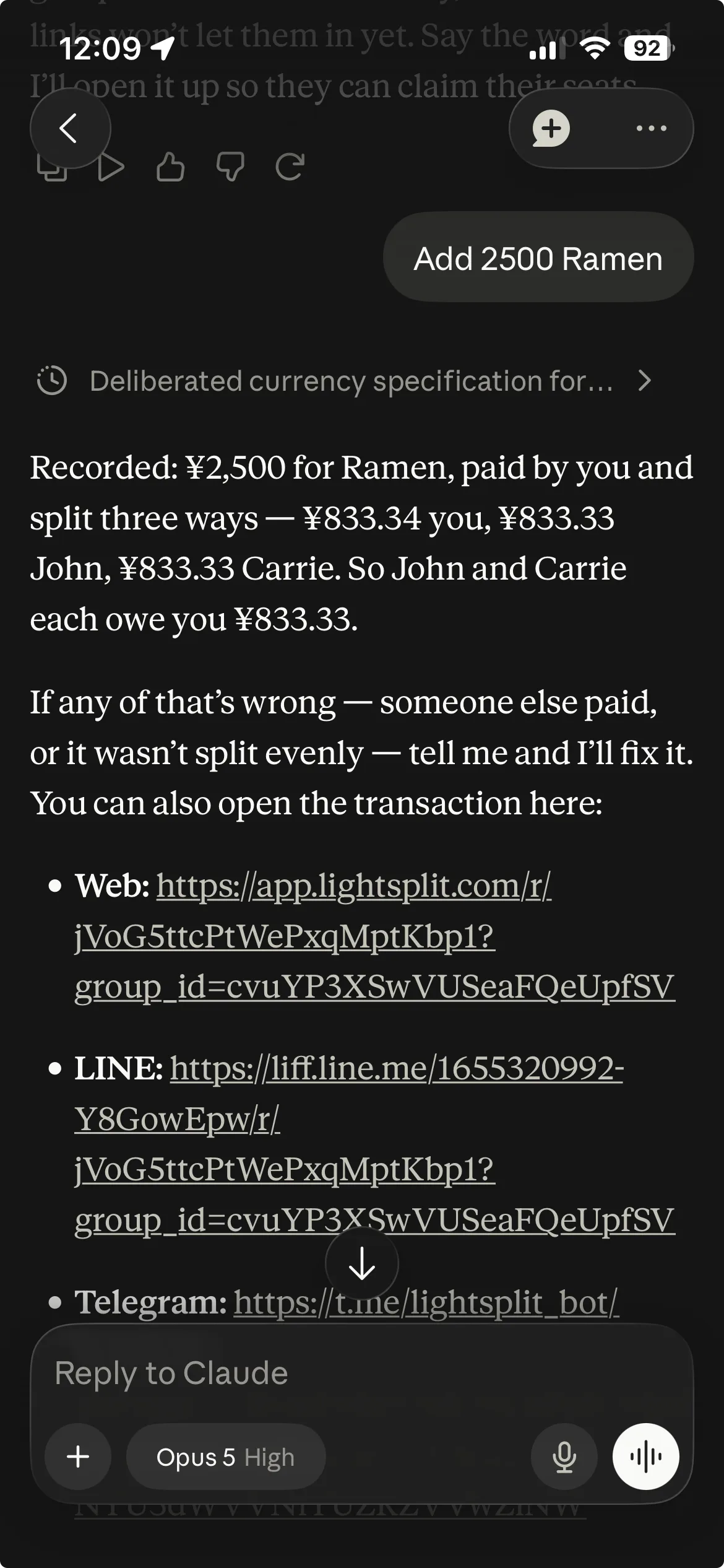 Logging a Lightsplit expense from Claude on a phone