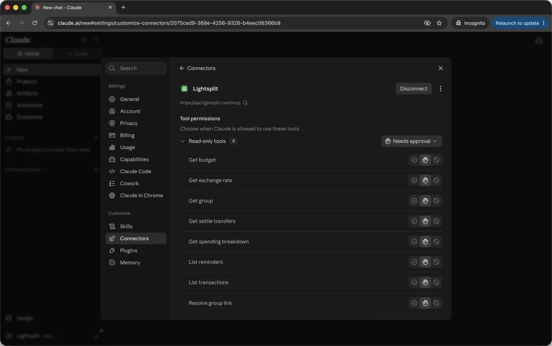 Tool permissions for the Lightsplit connector in Claude