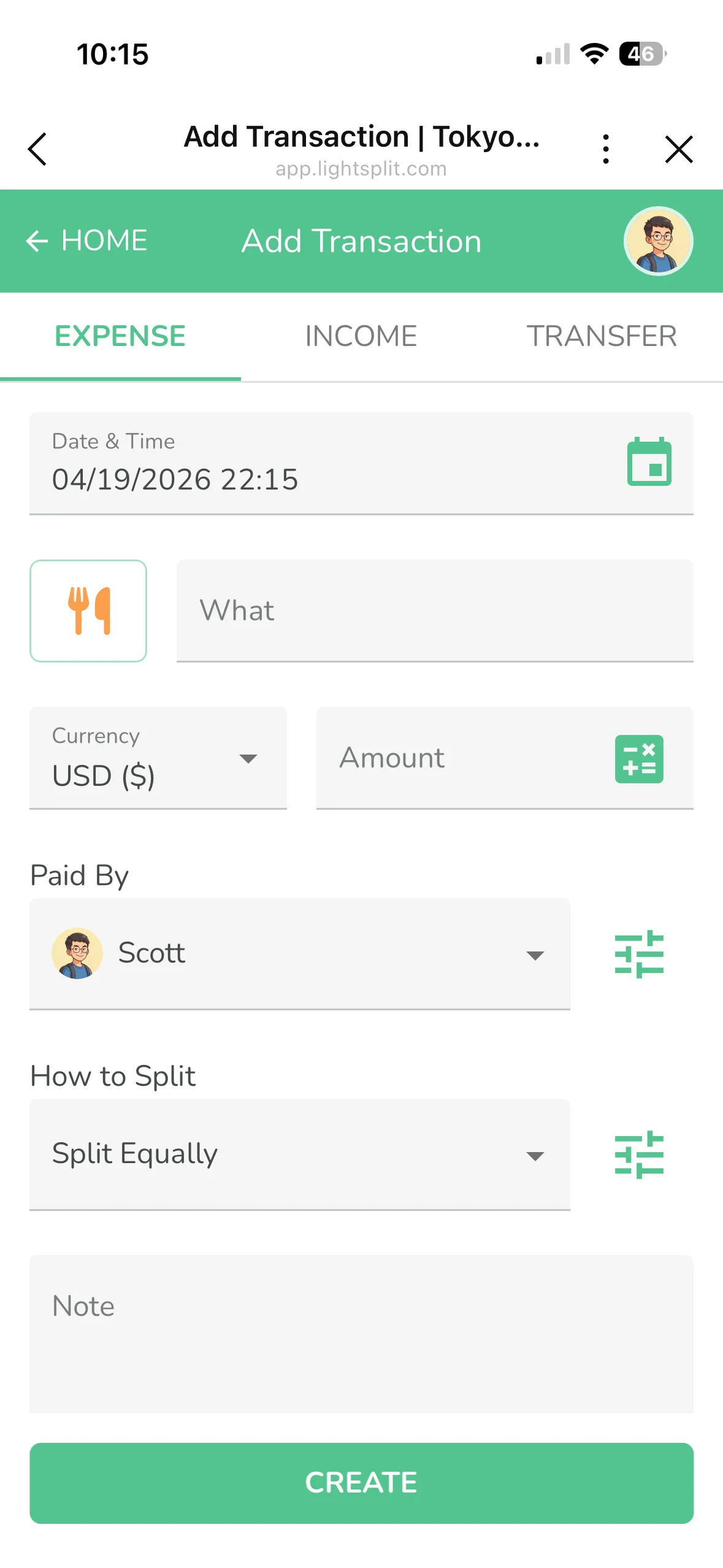 Màn hình thêm chi phí, nút điều chỉnh phân bổ bên phải "Cách Chia"