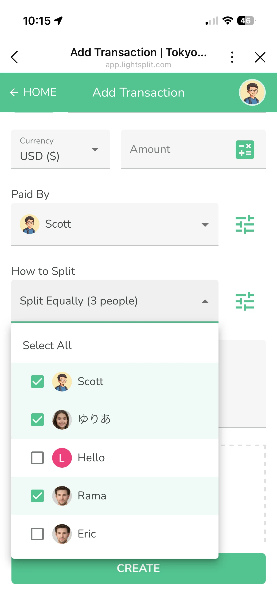 Menu xổ xuống "Cách Chia" mở ra, hiển thị Chia Đều 3 người và danh sách tick từng thành viên