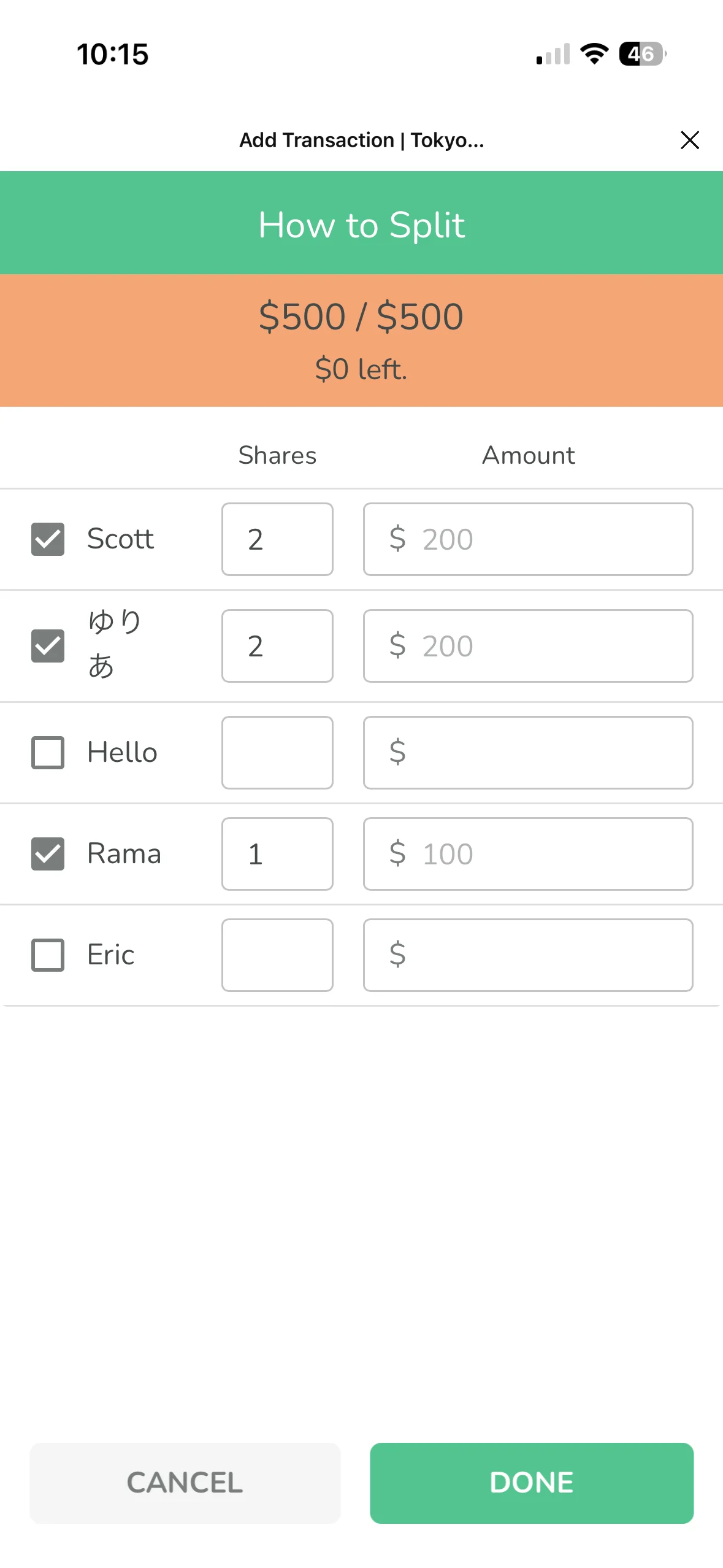 Trang chi tiết phân bổ số tiền, mỗi thành viên có ô tick và hai cột Phần và Số Tiền