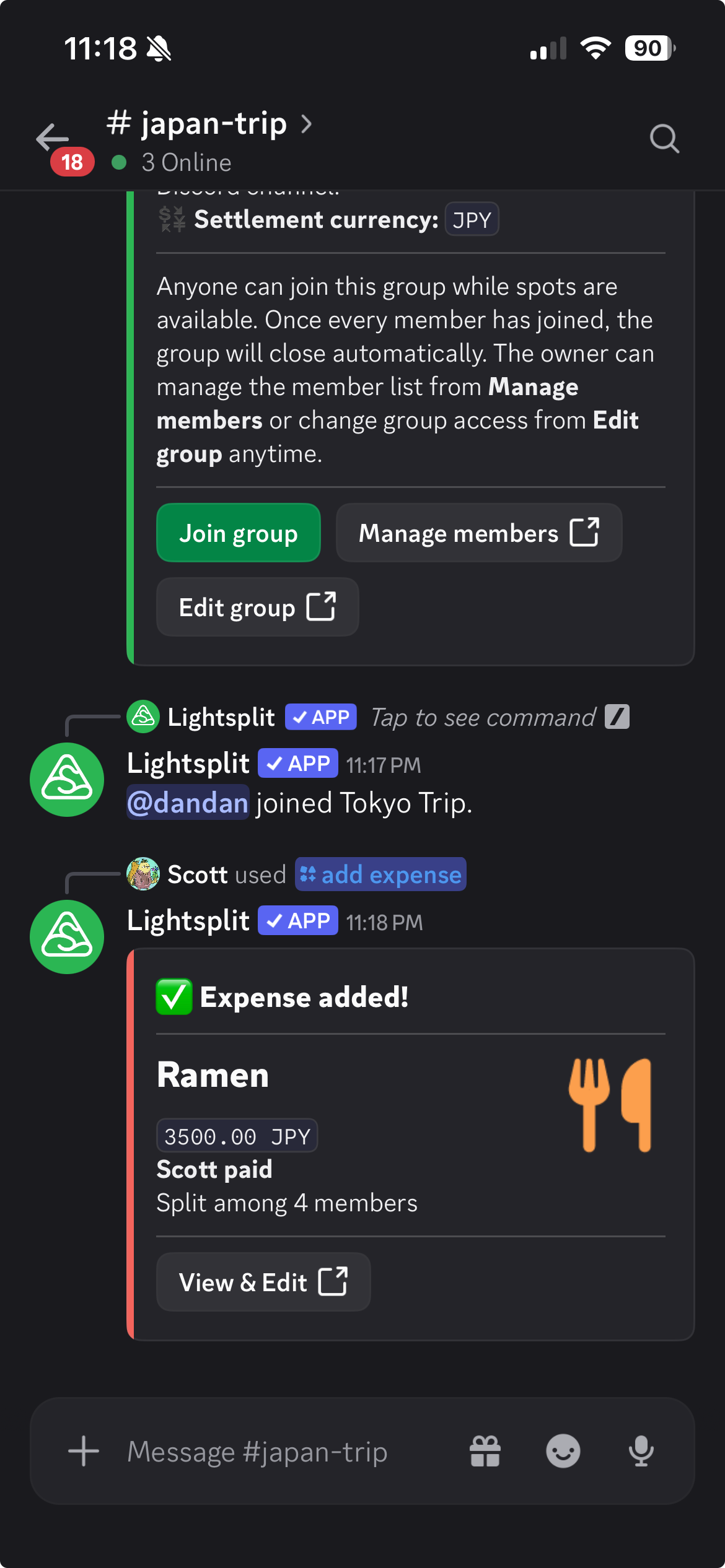 Lightsplit shows that Scott paid 3500 JPY, split among four members