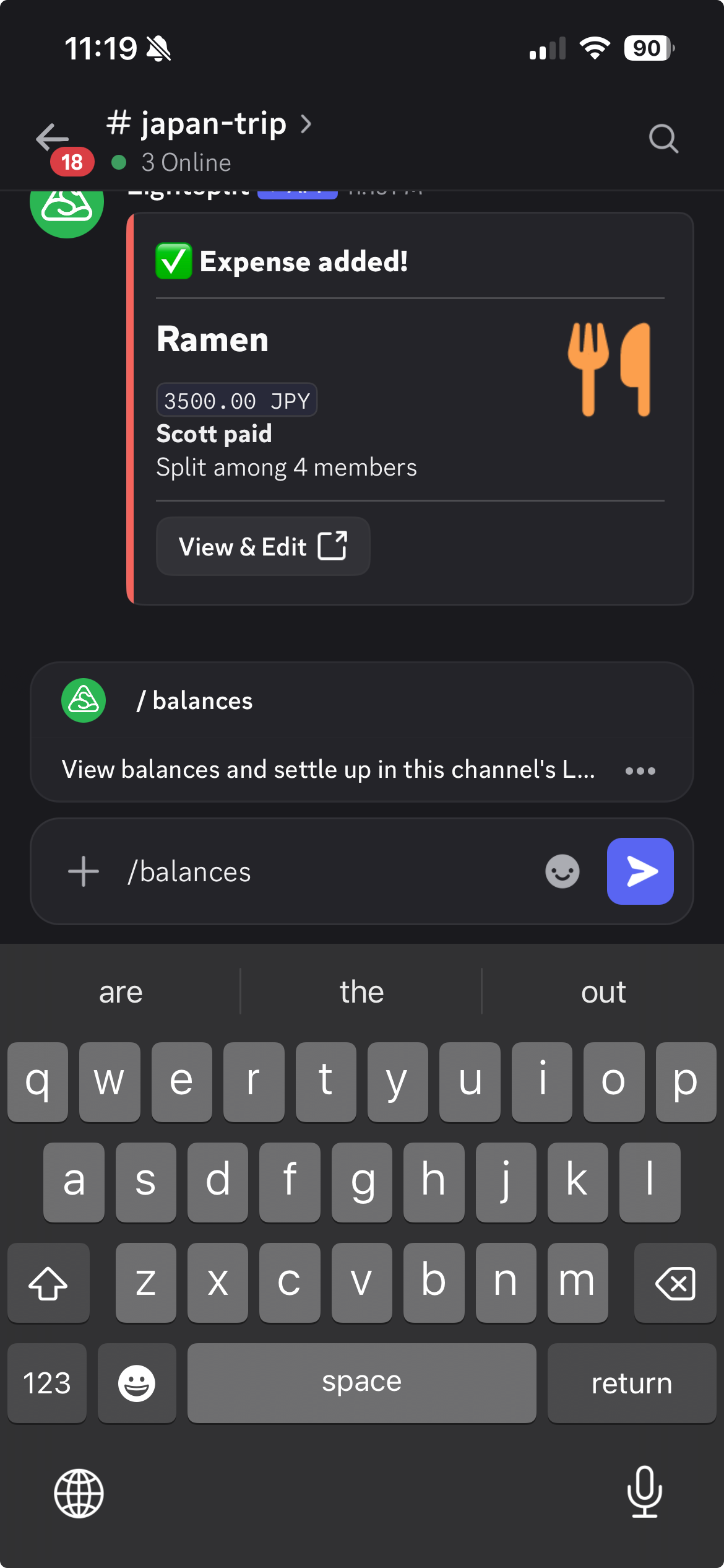Use the balances command to check the current group's balances and suggested payments