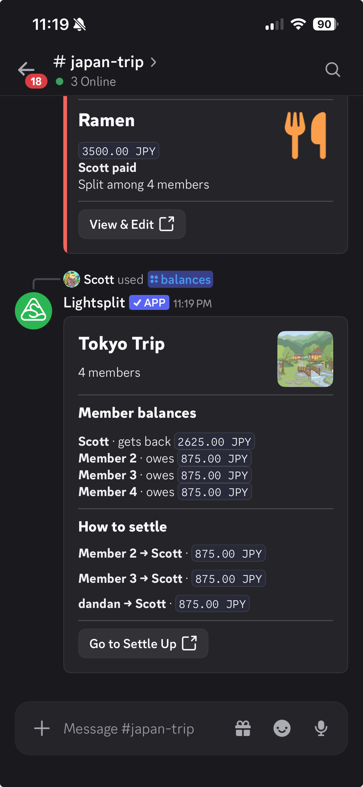 Scott gets back 2625 JPY, with three suggested payments of 875 JPY each