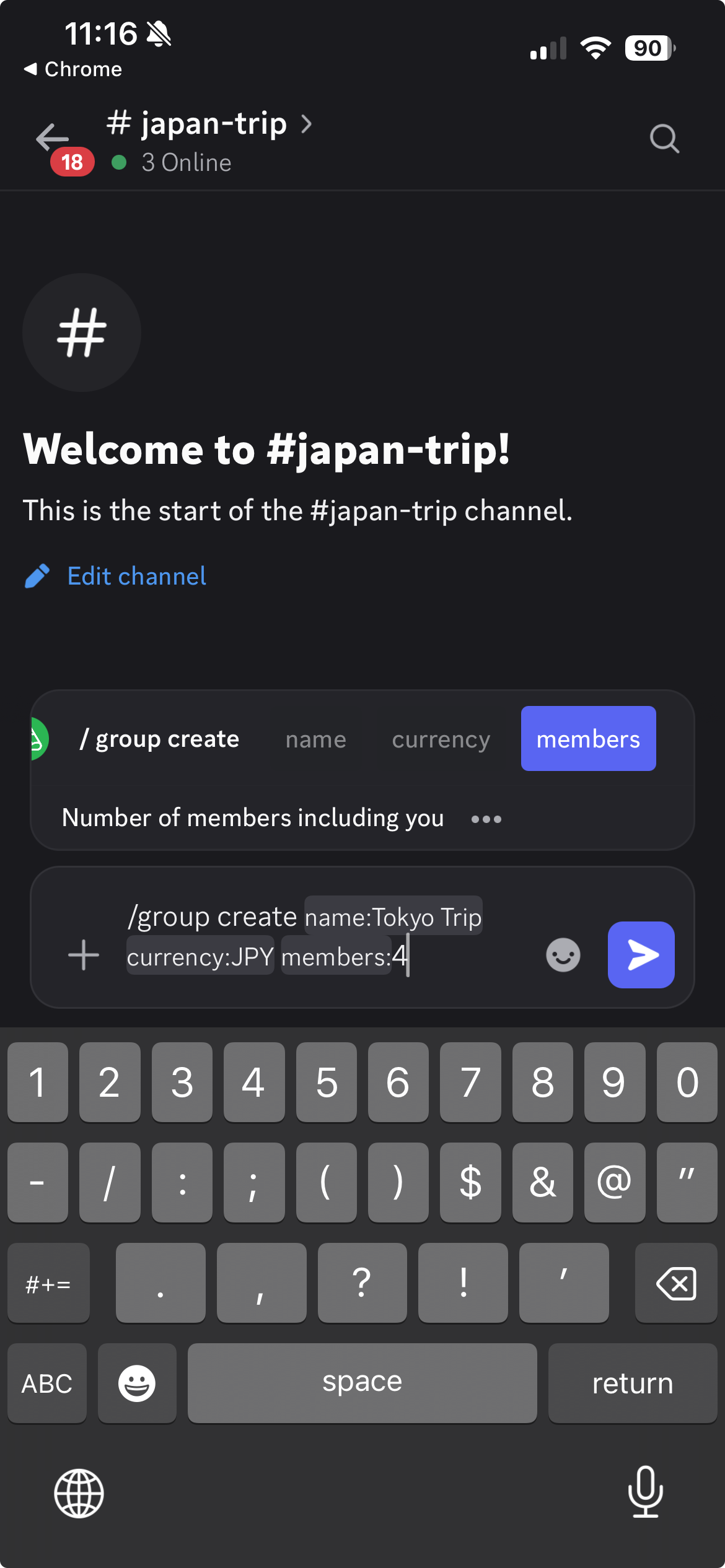 Create a Tokyo Trip group with JPY as the currency and four members