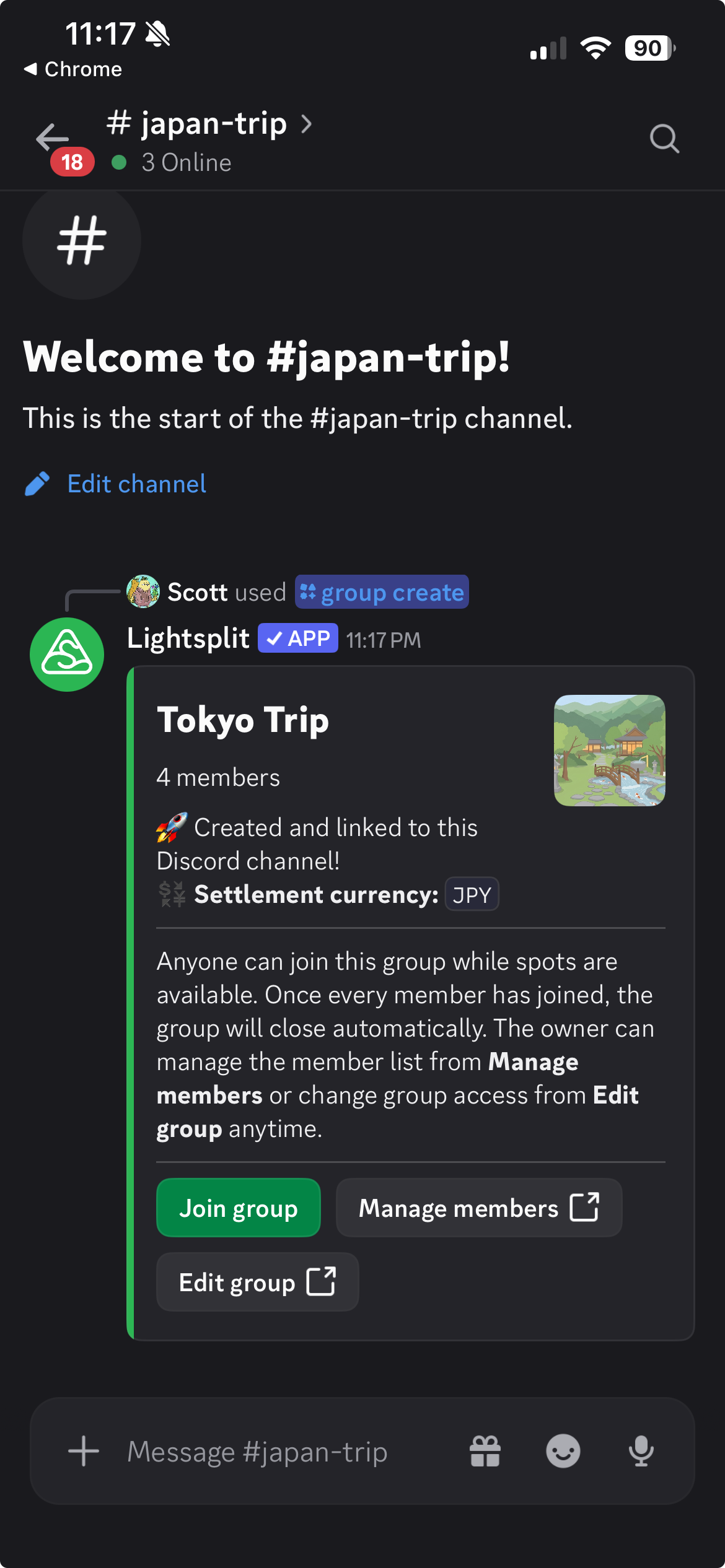 Lightsplit confirms that Tokyo Trip was created and linked to the Discord channel