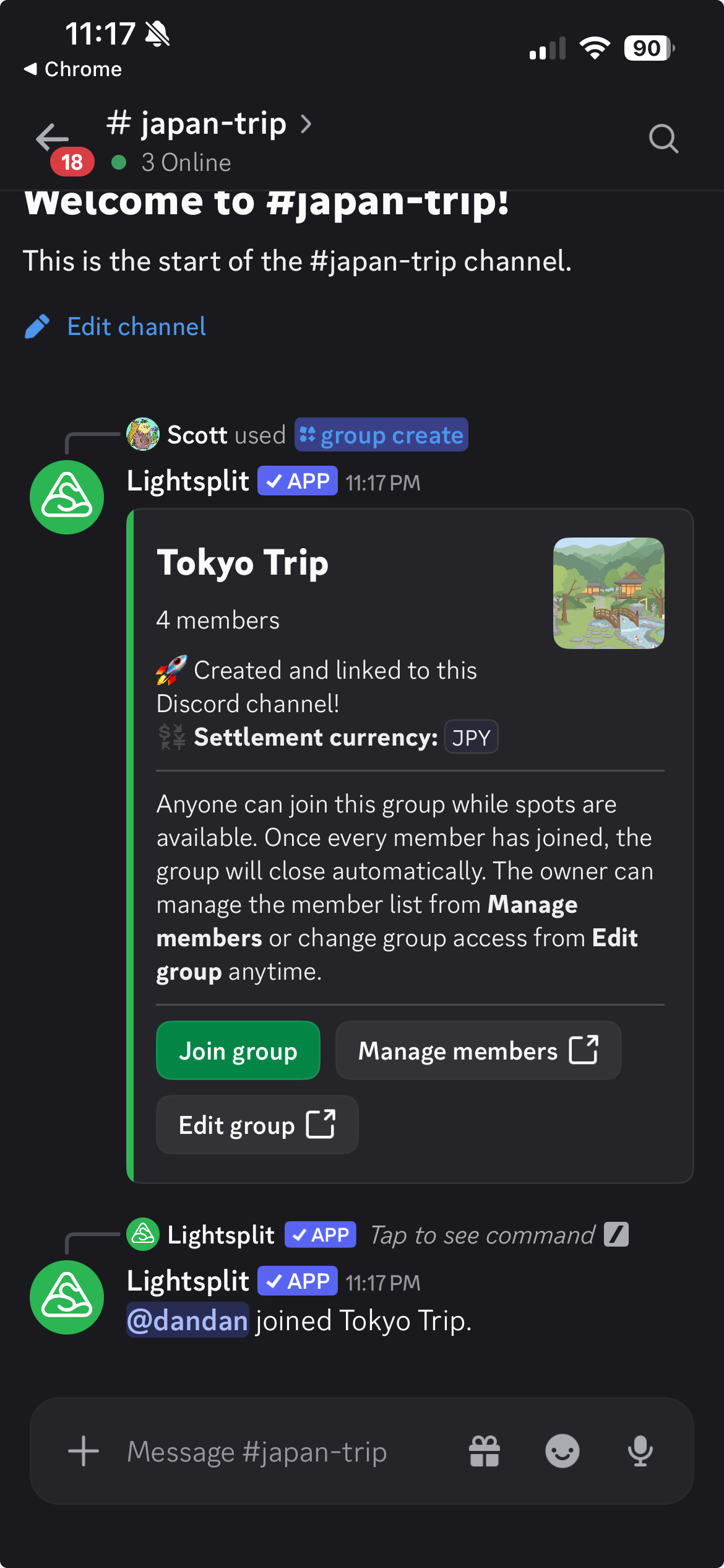 The Tokyo Trip group card and a message confirming that dandan joined