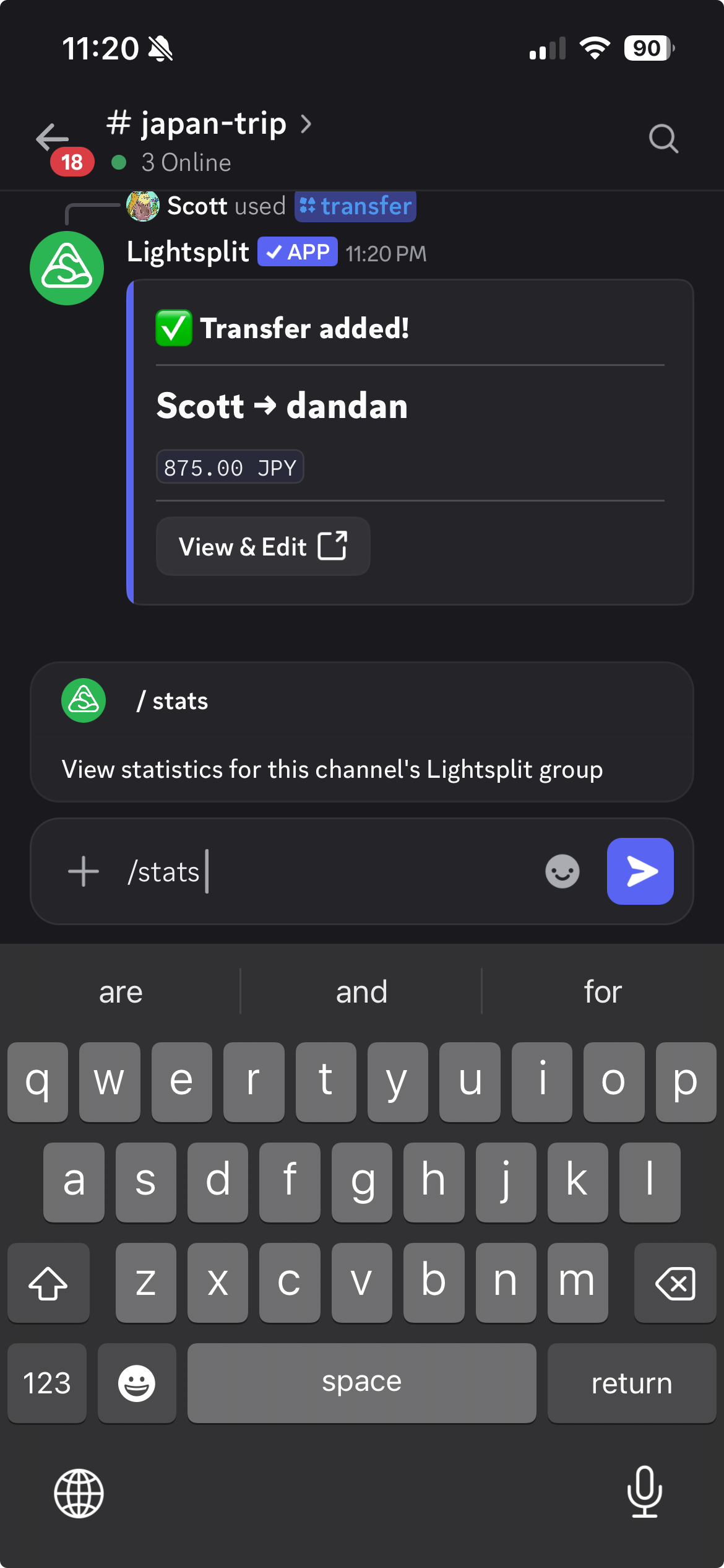 Enter the stats command to check statistics for the channel's Lightsplit group