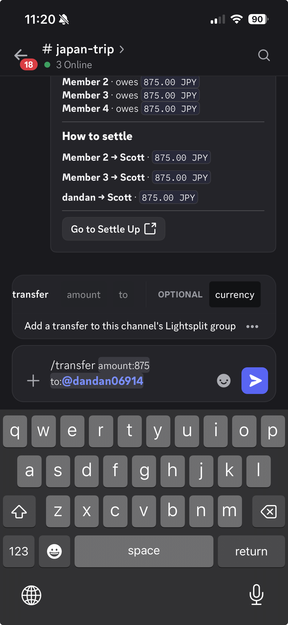 Scott enters a transfer of 875 JPY and selects dandan as the recipient