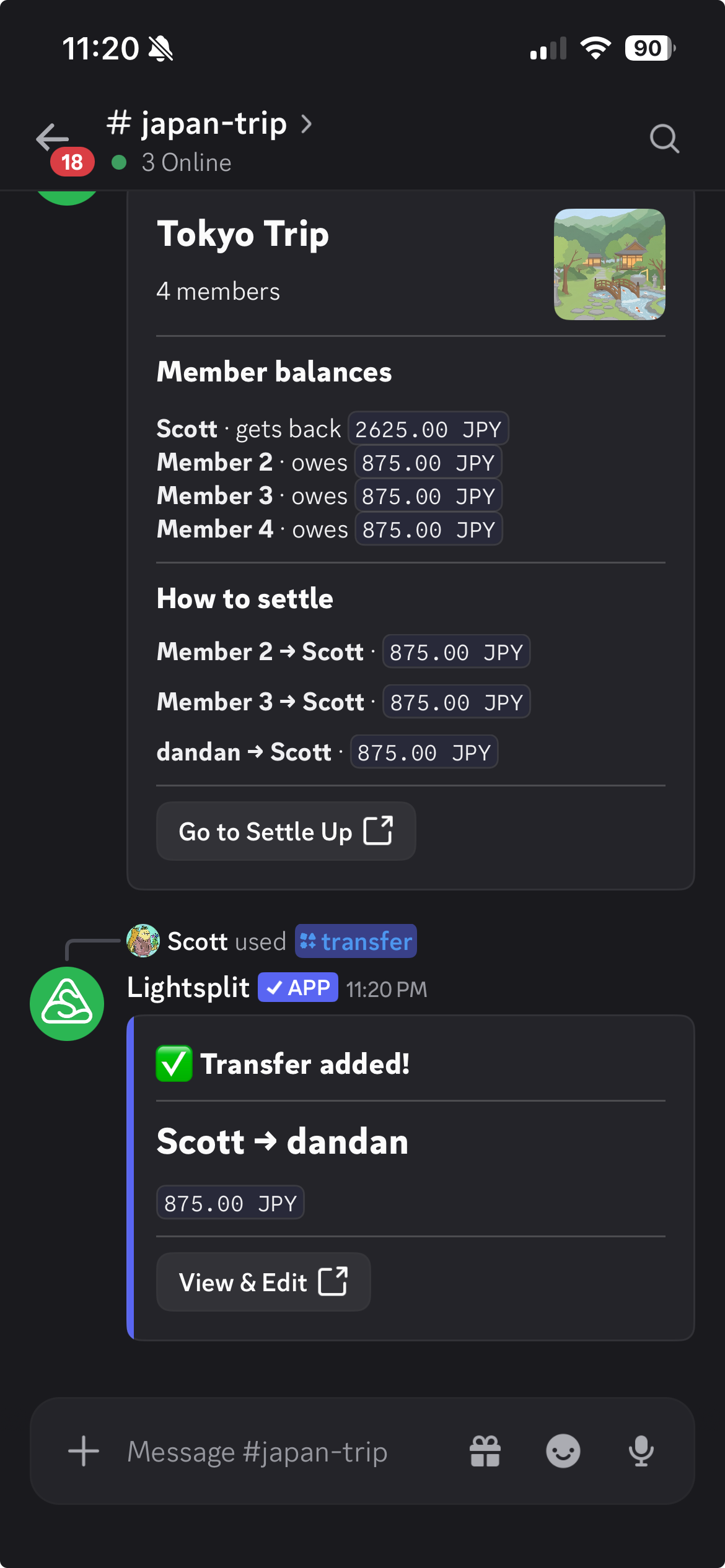 The transfer confirmation shows Scott paid dandan 875 JPY