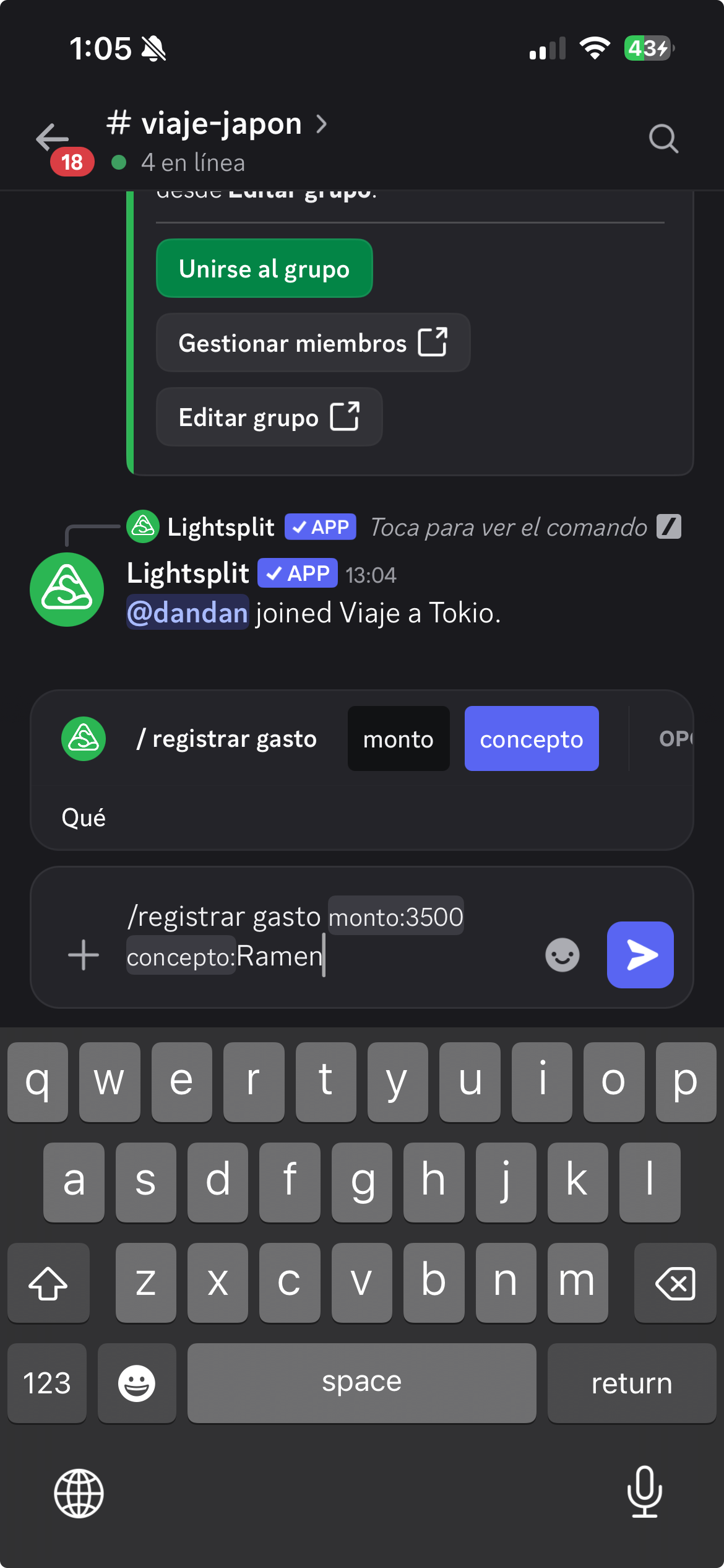 Comando para registrar un gasto de ramen de 3500 JPY