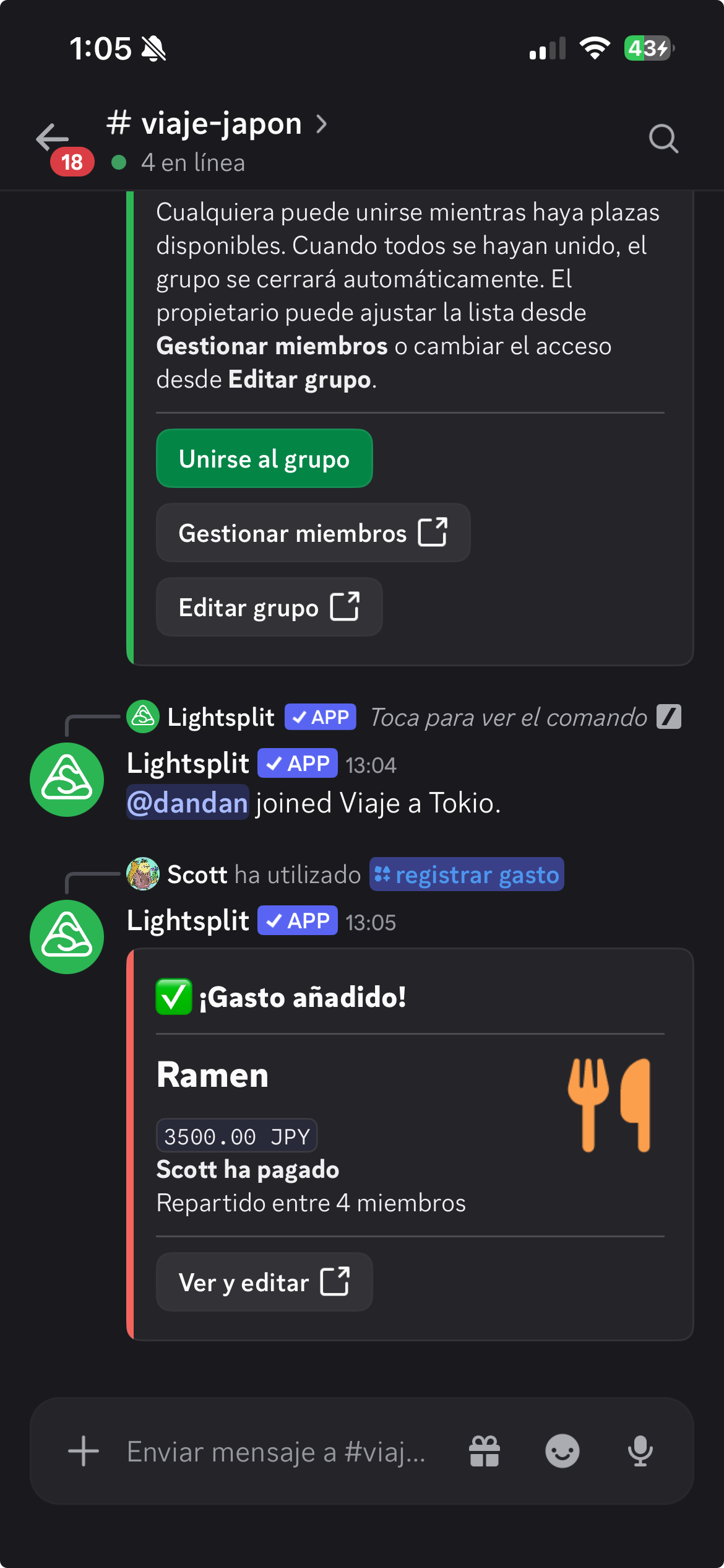 Lightsplit muestra que Scott ha pagado 3500 JPY repartidos entre cuatro miembros