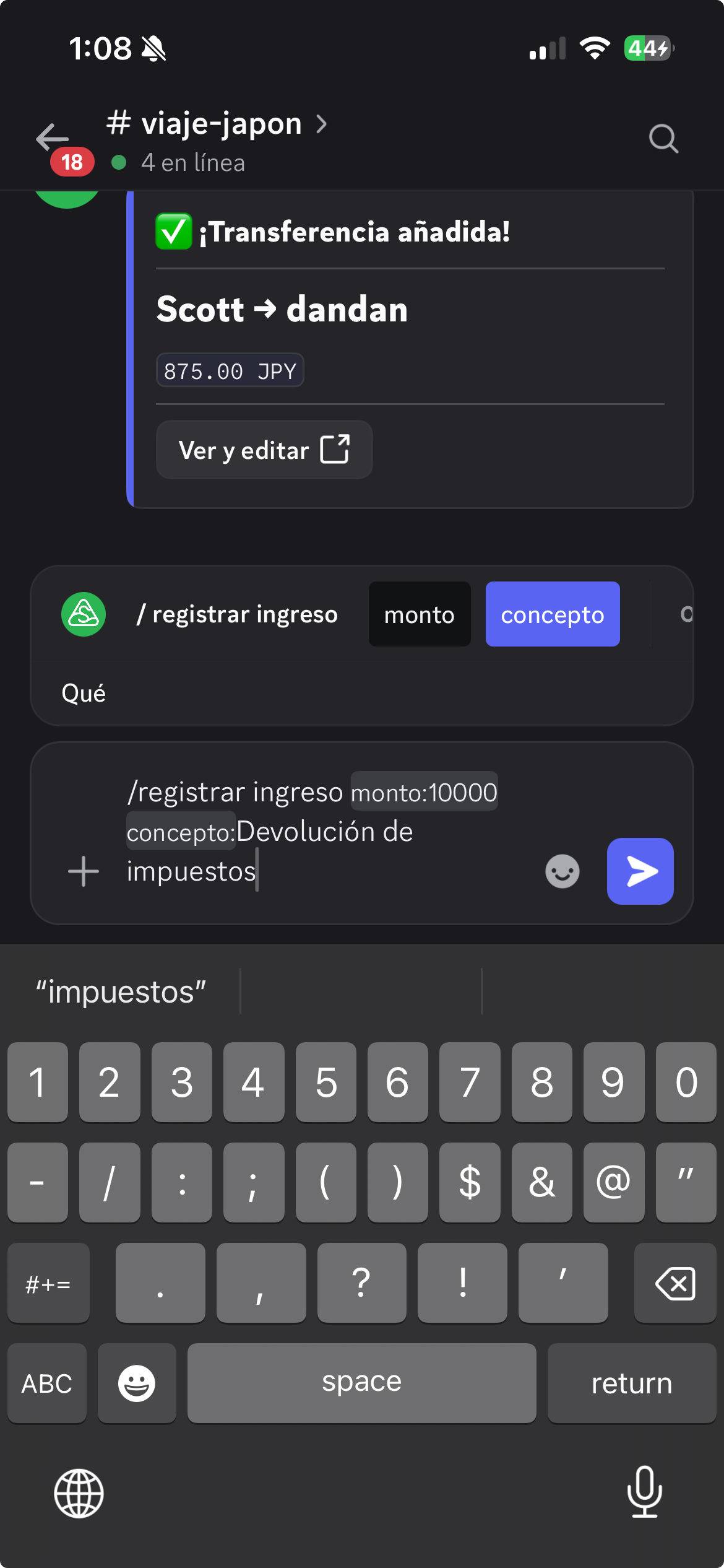 Comando para registrar una devolución de impuestos de 10000 JPY como ingreso