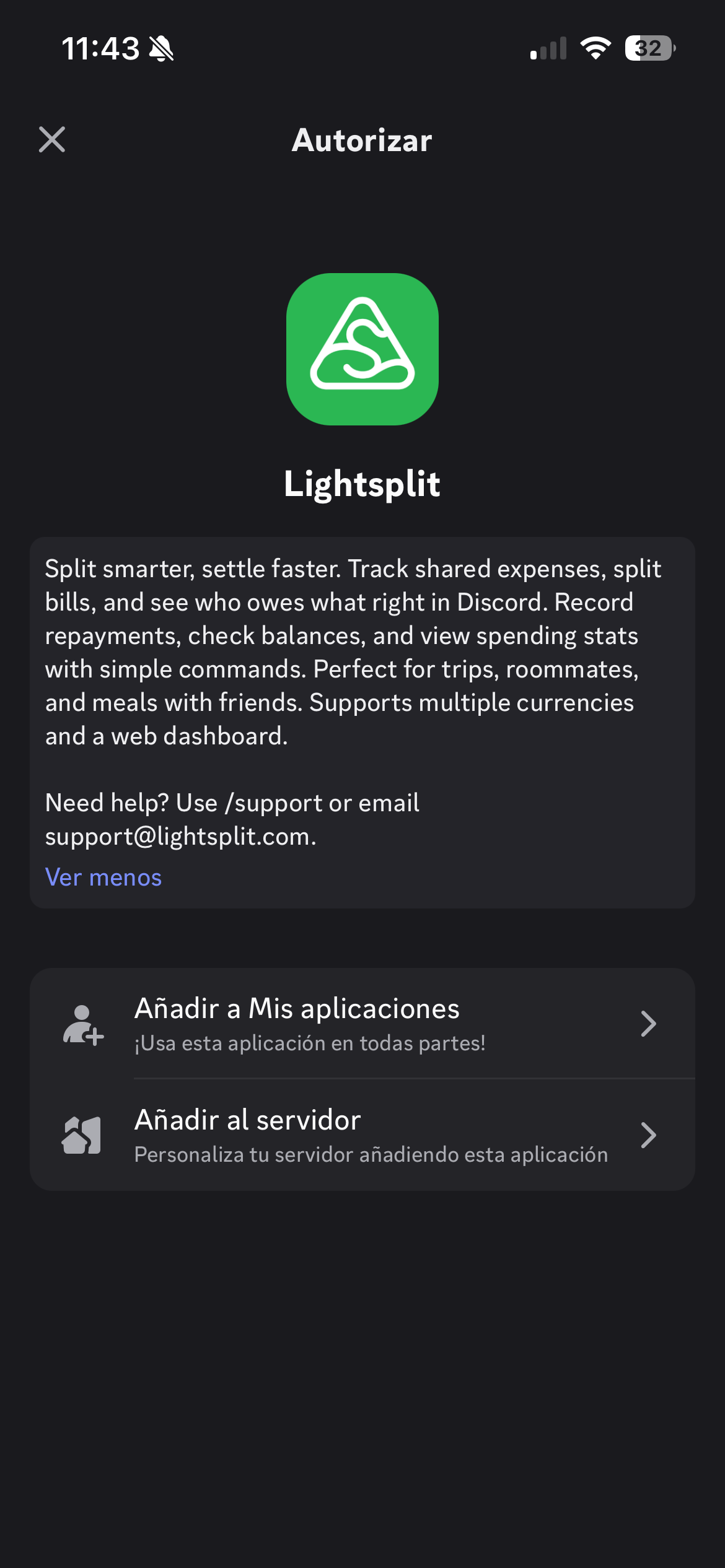 Opción para añadir Lightsplit a un servidor en la pantalla de autorización de Discord