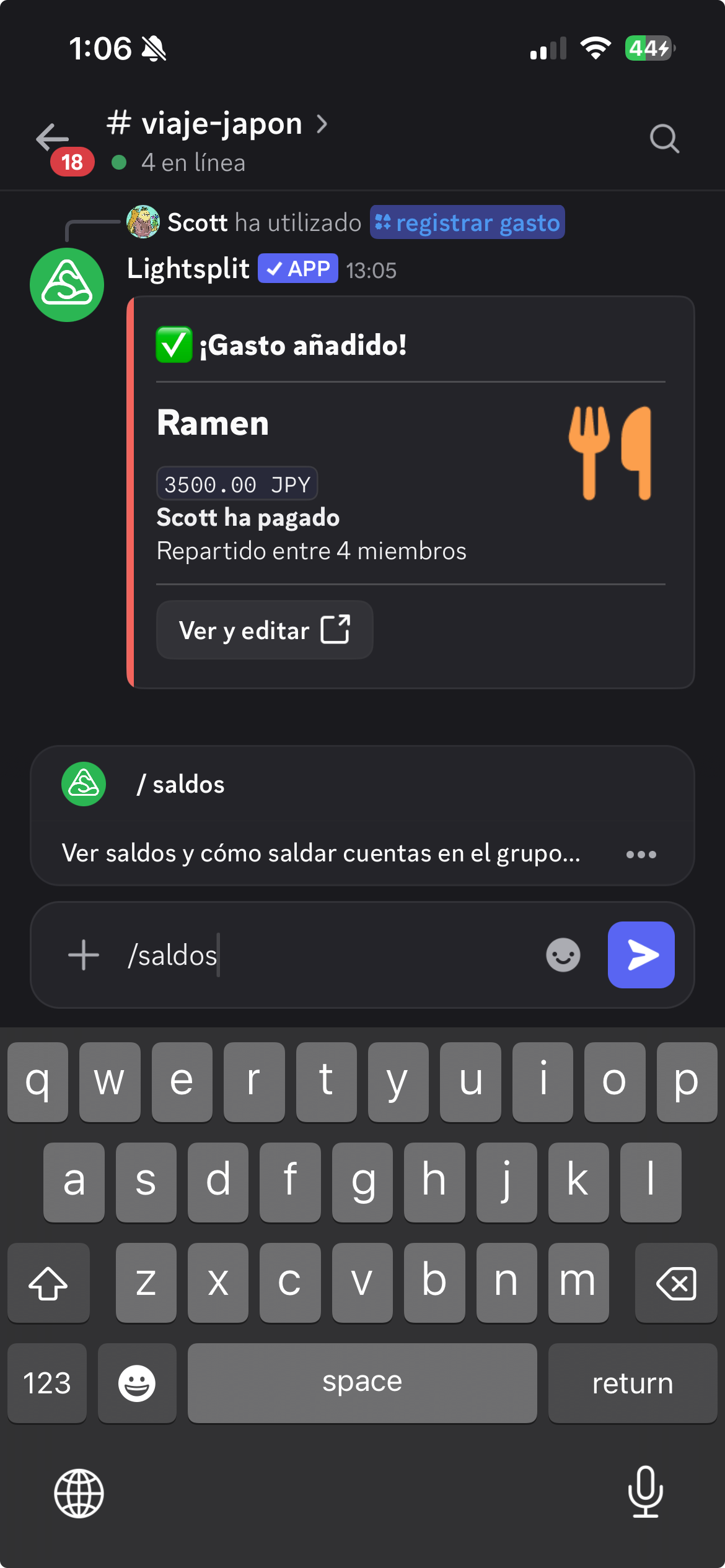 Comando saldos para consultar las cuentas y los pagos sugeridos del grupo de Discord