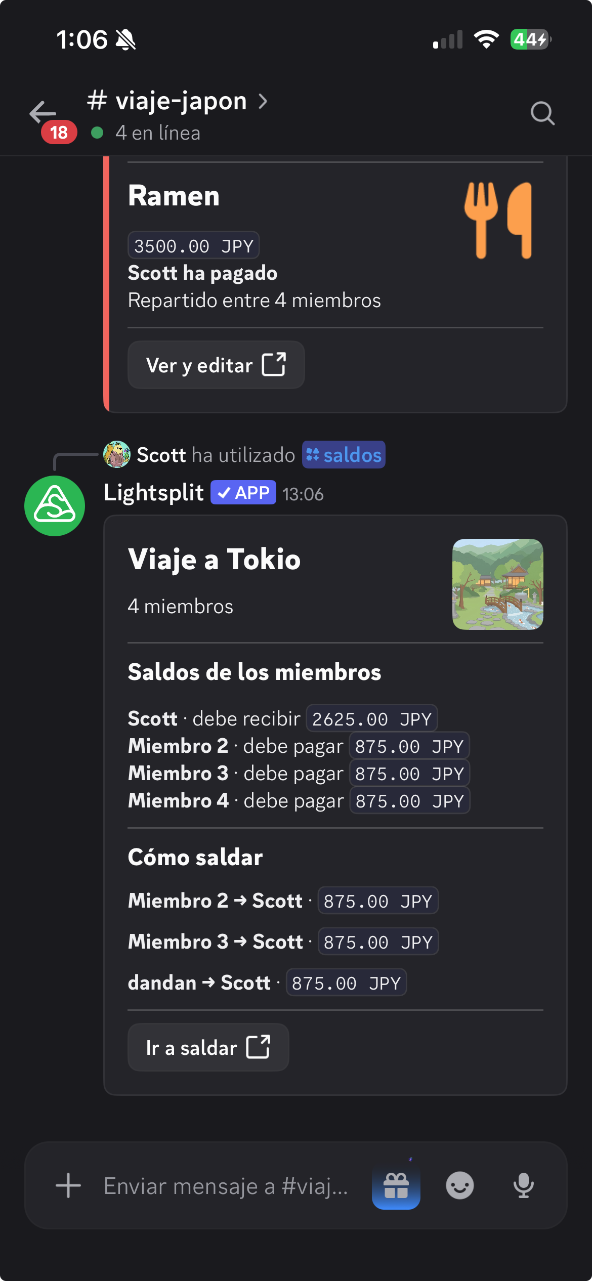 Scott debe recibir 2625 JPY mediante tres pagos sugeridos de 875 JPY cada uno