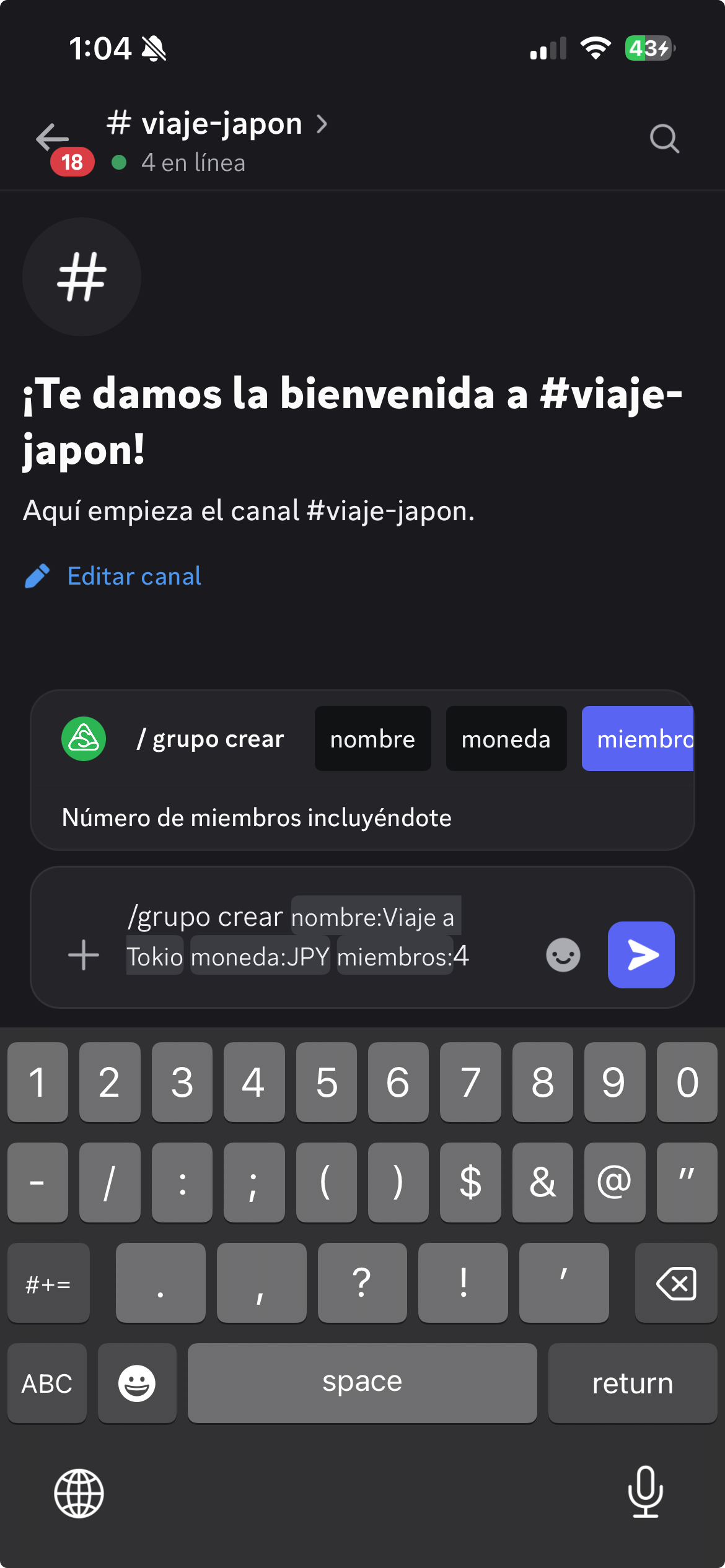 Comando para crear Viaje a Tokio con JPY como moneda y cuatro miembros
