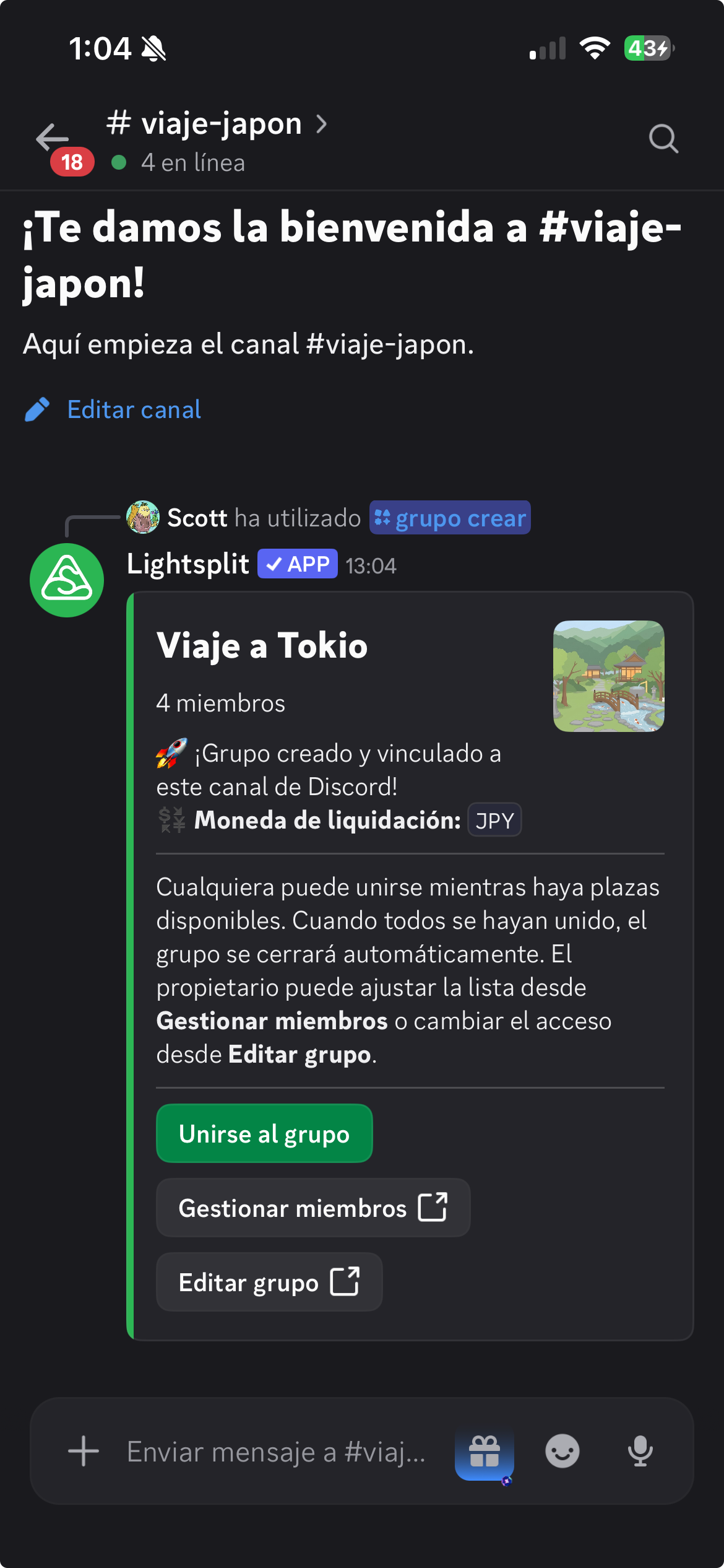 Confirmación de que el grupo Viaje a Tokio se ha creado y vinculado al canal de Discord