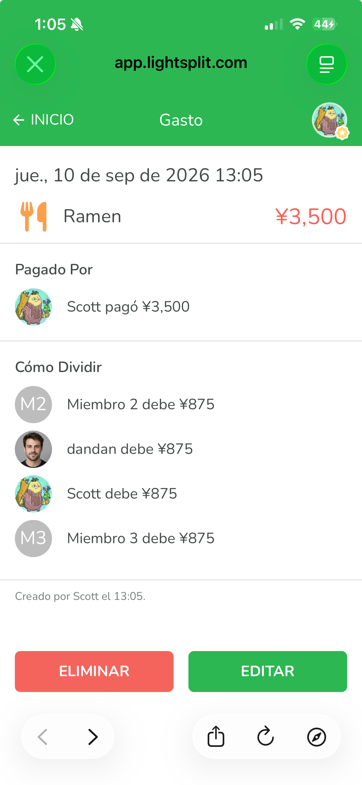 Detalle del gasto de ramen con 3500 JPY pagados por Scott, 875 JPY por persona y el botón Editar
