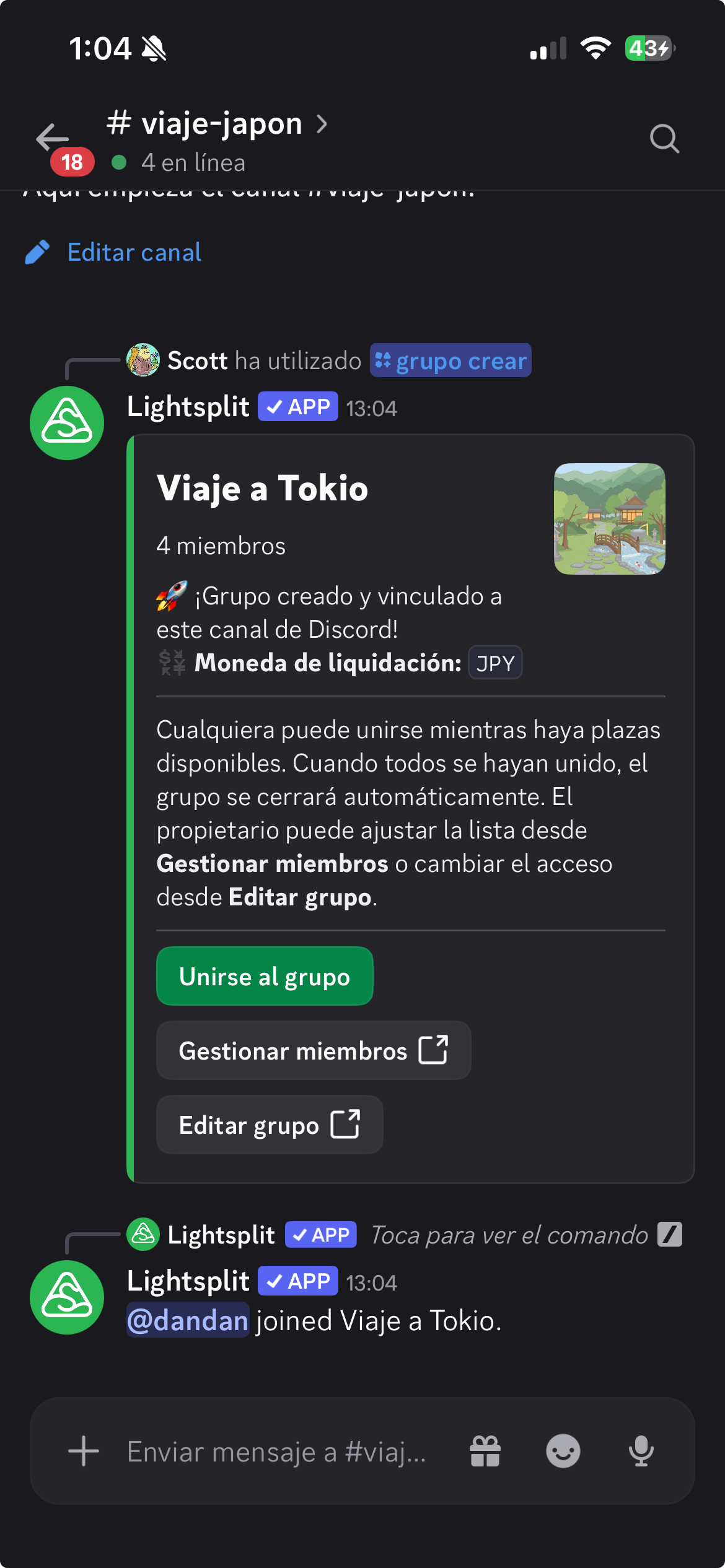 Tarjeta de Viaje a Tokio con el botón Unirse al grupo y confirmación de que dandan se ha unido