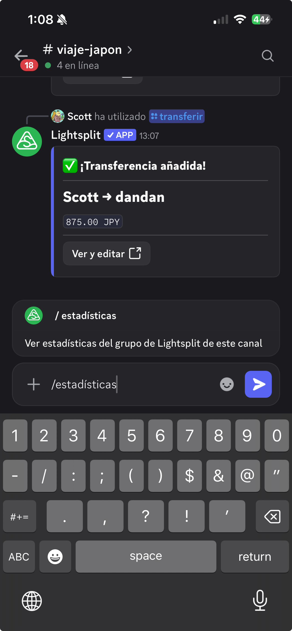 Comando estadísticas para consultar los gastos del grupo de Lightsplit vinculado al canal