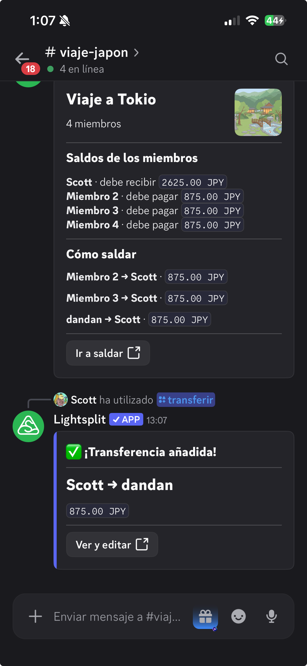 Confirmación de la transferencia que indica que Scott ha pagado 875 JPY a dandan