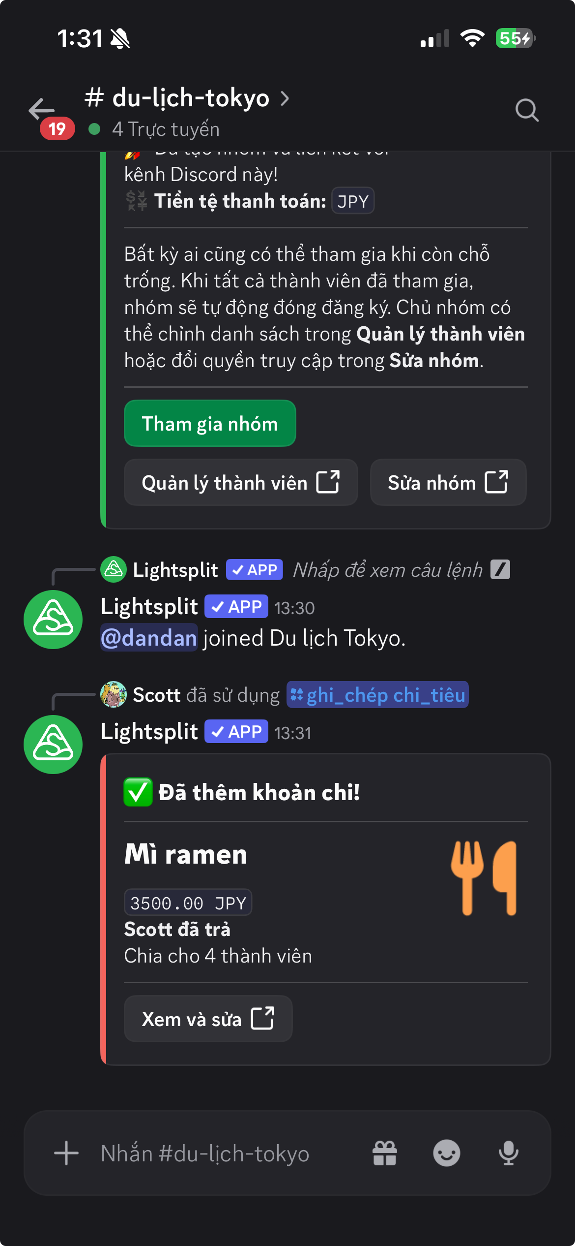Lightsplit hiển thị Scott đã trả 3500 JPY và chia cho bốn thành viên