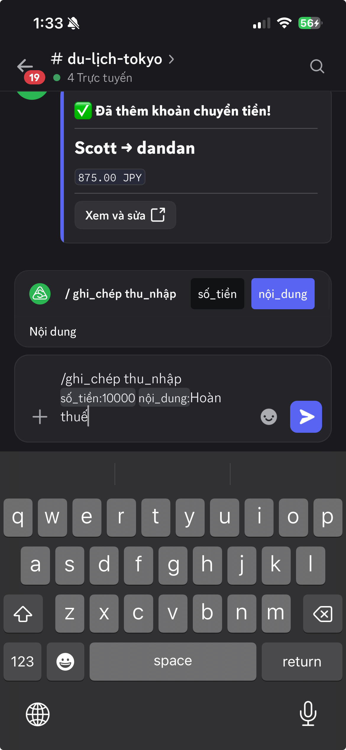 Ghi khoản Hoàn thuế 10000 JPY bằng lệnh ghi thu nhập