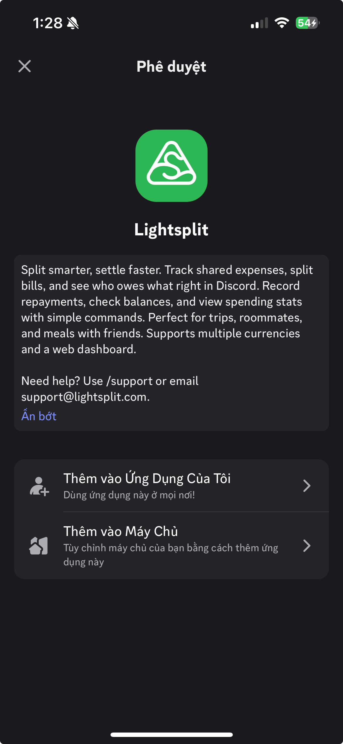 Chọn thêm vào máy chủ trên màn hình cấp quyền cho Lightsplit