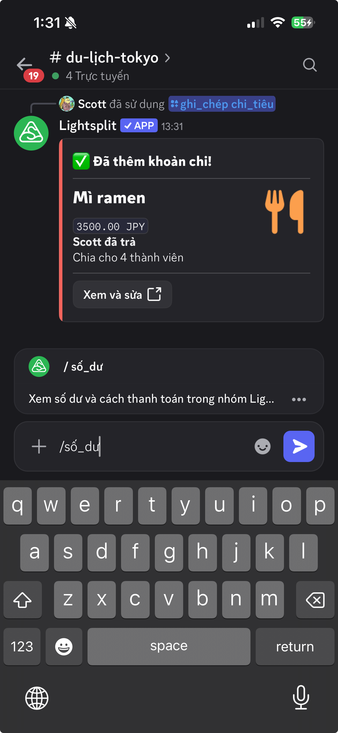 Dùng lệnh số dư để kiểm tra số tiền cần nhận, cần trả và cách chốt nợ của nhóm trong kênh Discord