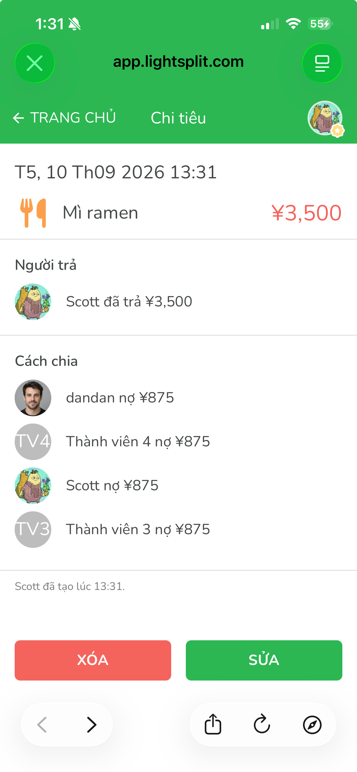 Chi tiết tiền mì ramen cho thấy Scott trả 3500 JPY, mỗi người chịu 875 JPY và có nút Sửa