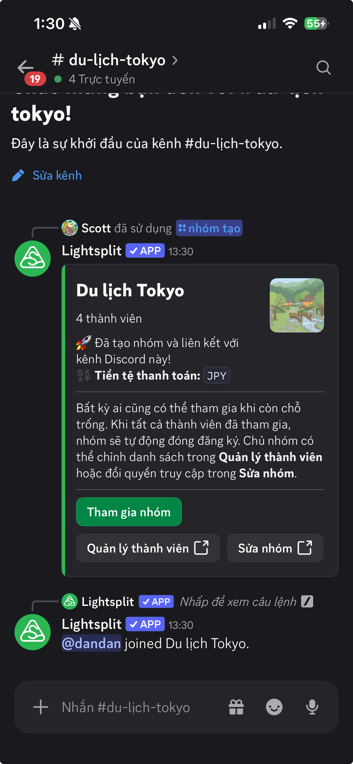 Thẻ nhóm Du lịch Tokyo có nút Tham gia nhóm và tin nhắn xác nhận dandan đã tham gia