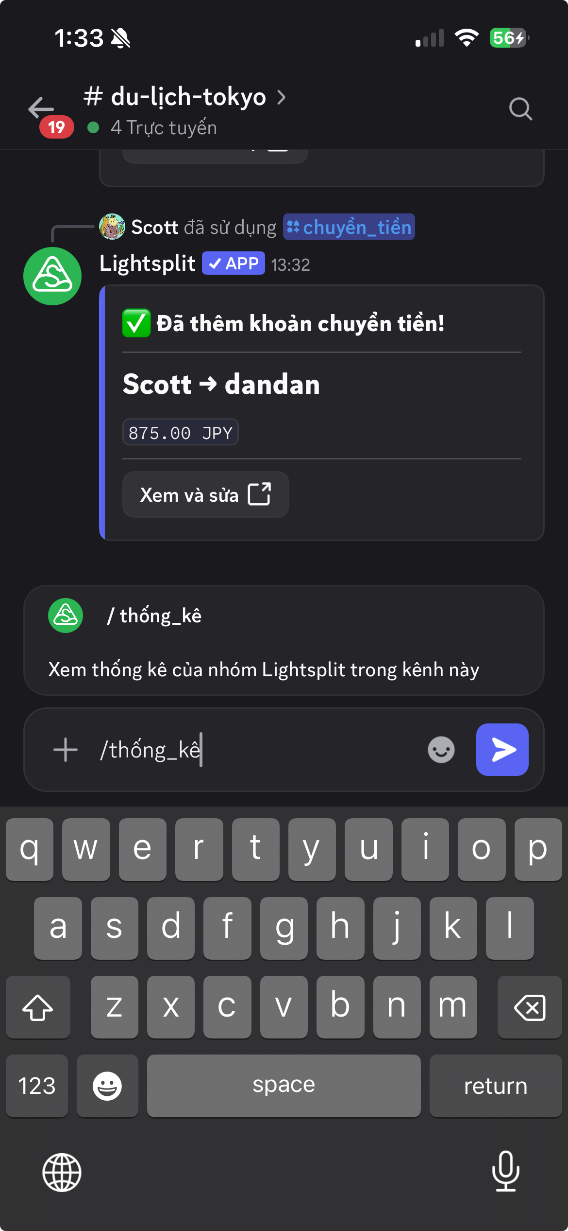 Dùng lệnh thống kê để xem chi tiêu của nhóm Lightsplit được liên kết với kênh Discord