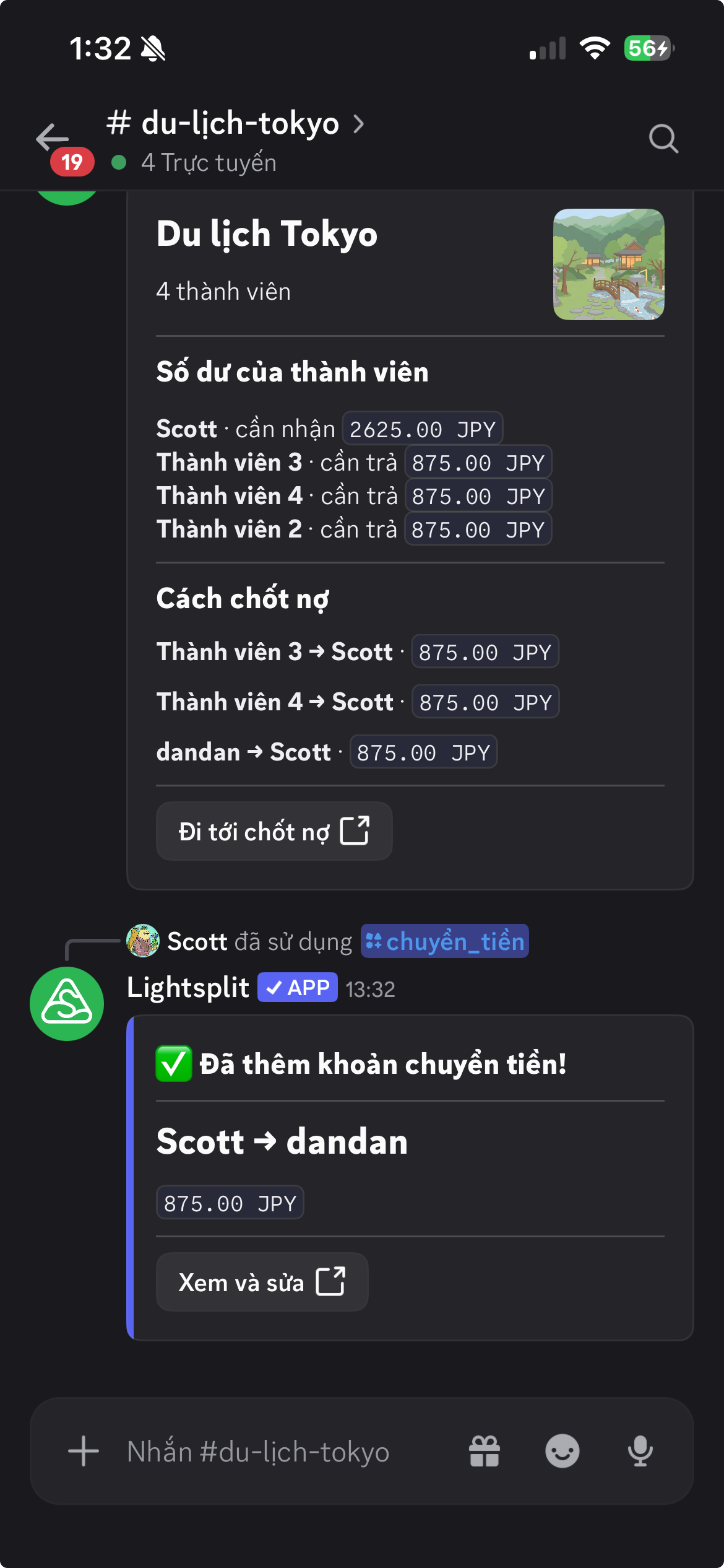Tin nhắn xác nhận Scott đã trả cho dandan 875 JPY