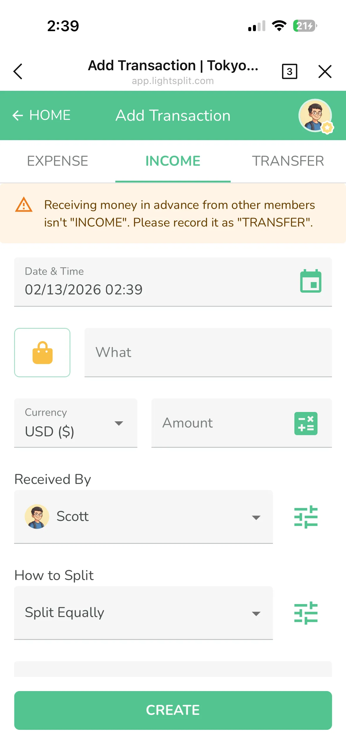 Income page warning message