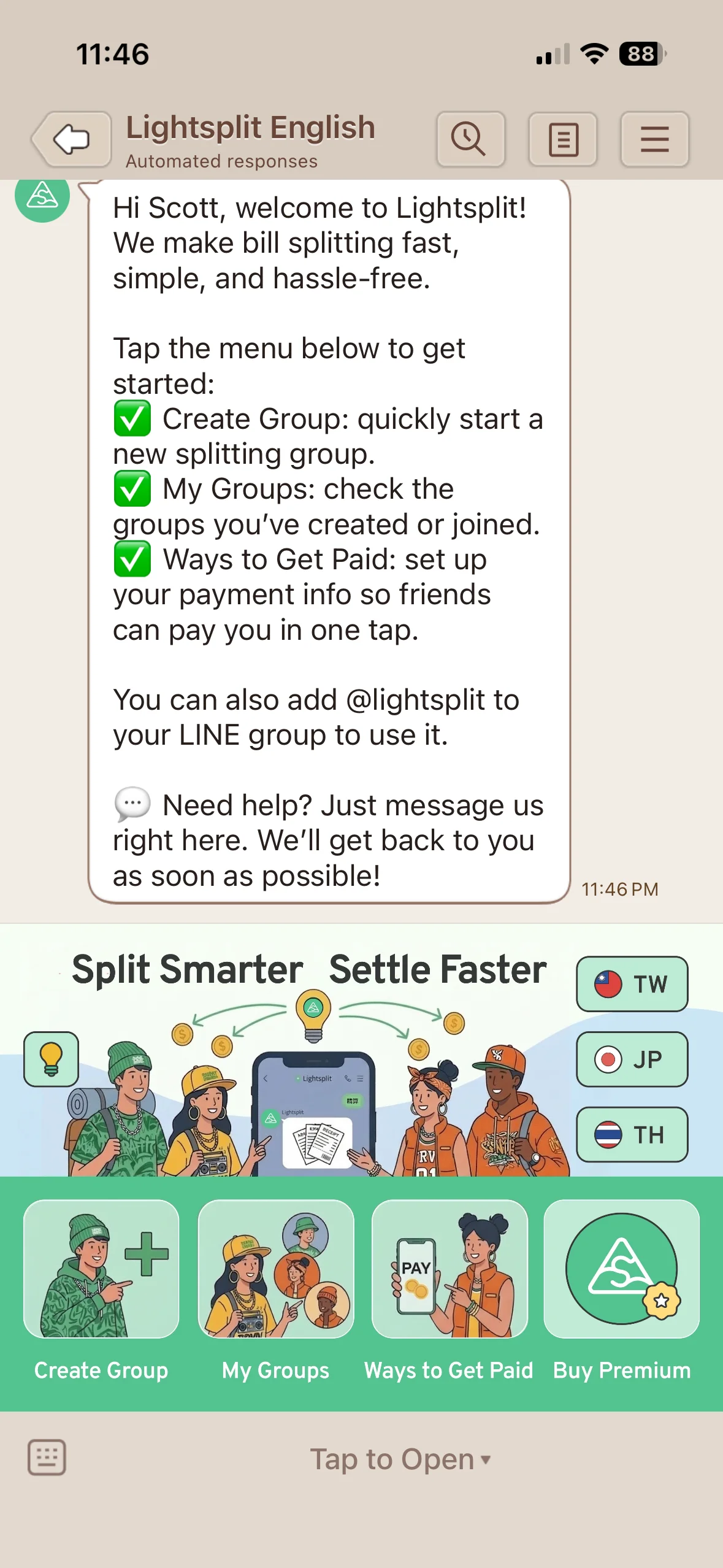 Rich menu của Lightsplit LINE Bot với tùy chọn tạo nhóm