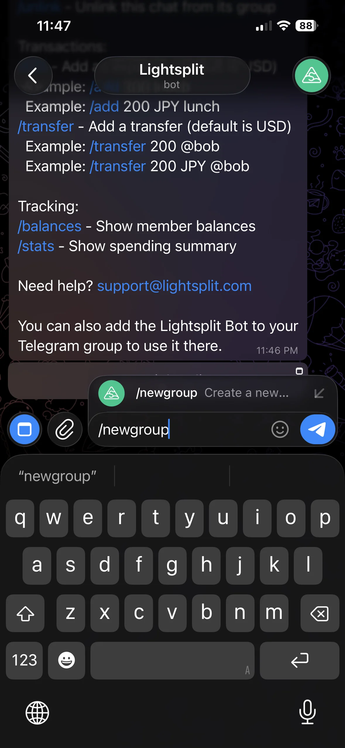 Tạo nhóm mới trên Lightsplit qua lệnh /newgroup trong Telegram Bot
