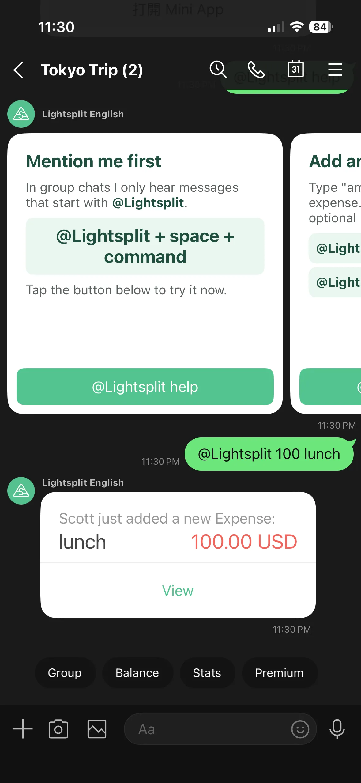 Lightsplit이 LINE 그룹에서 새 지출을 확인하는 메시지