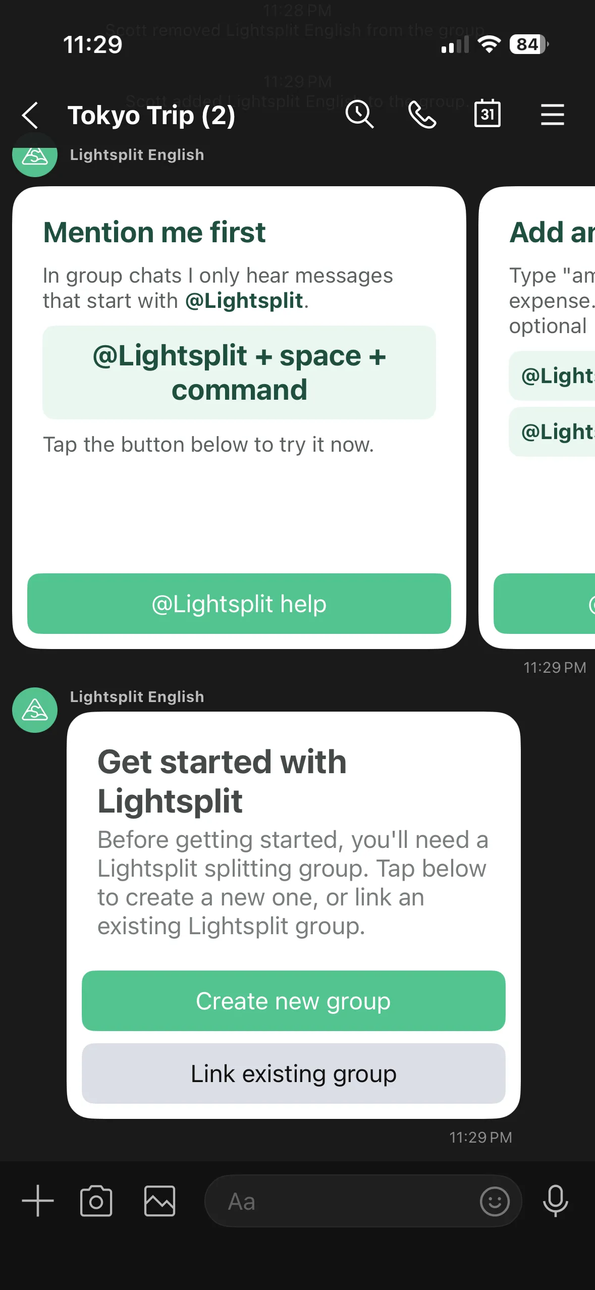 Lightsplit 봇이 LINE 그룹에서 만들기 또는 연결 선택 카드를 보여주는 화면