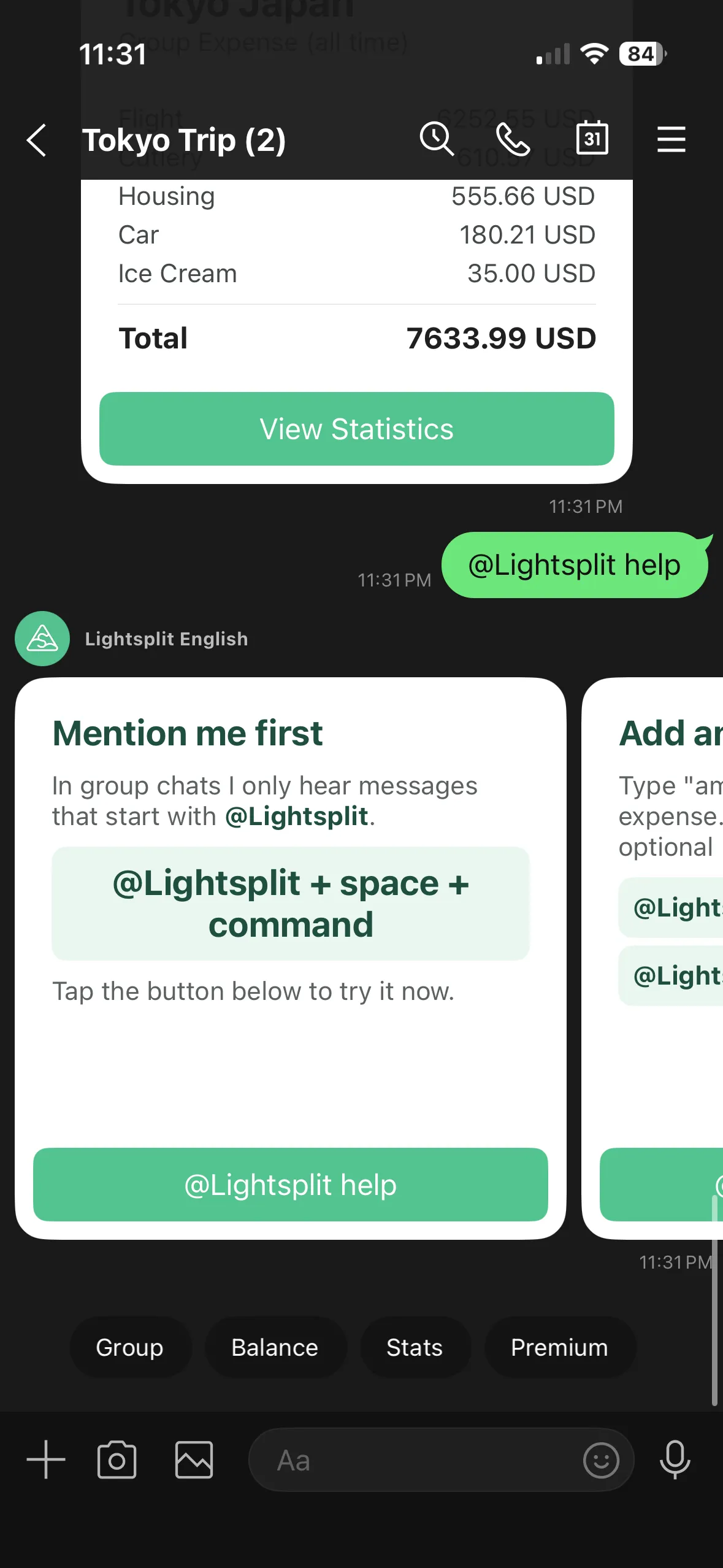 Lightsplit이 LINE 그룹에서 5장의 도움말 카드 캐러셀을 보여주는 화면