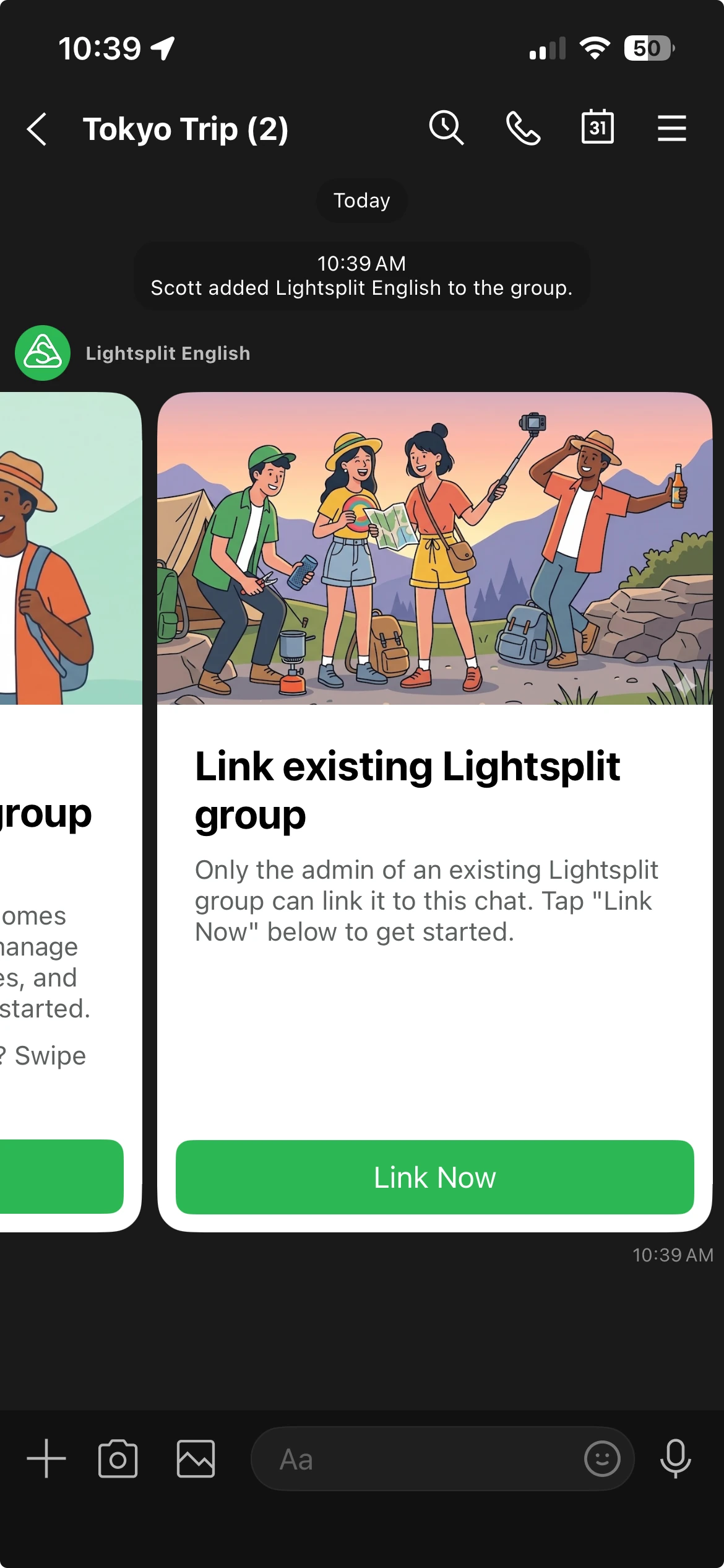 Lightsplit LINE bot existing-group card with the Link Now button