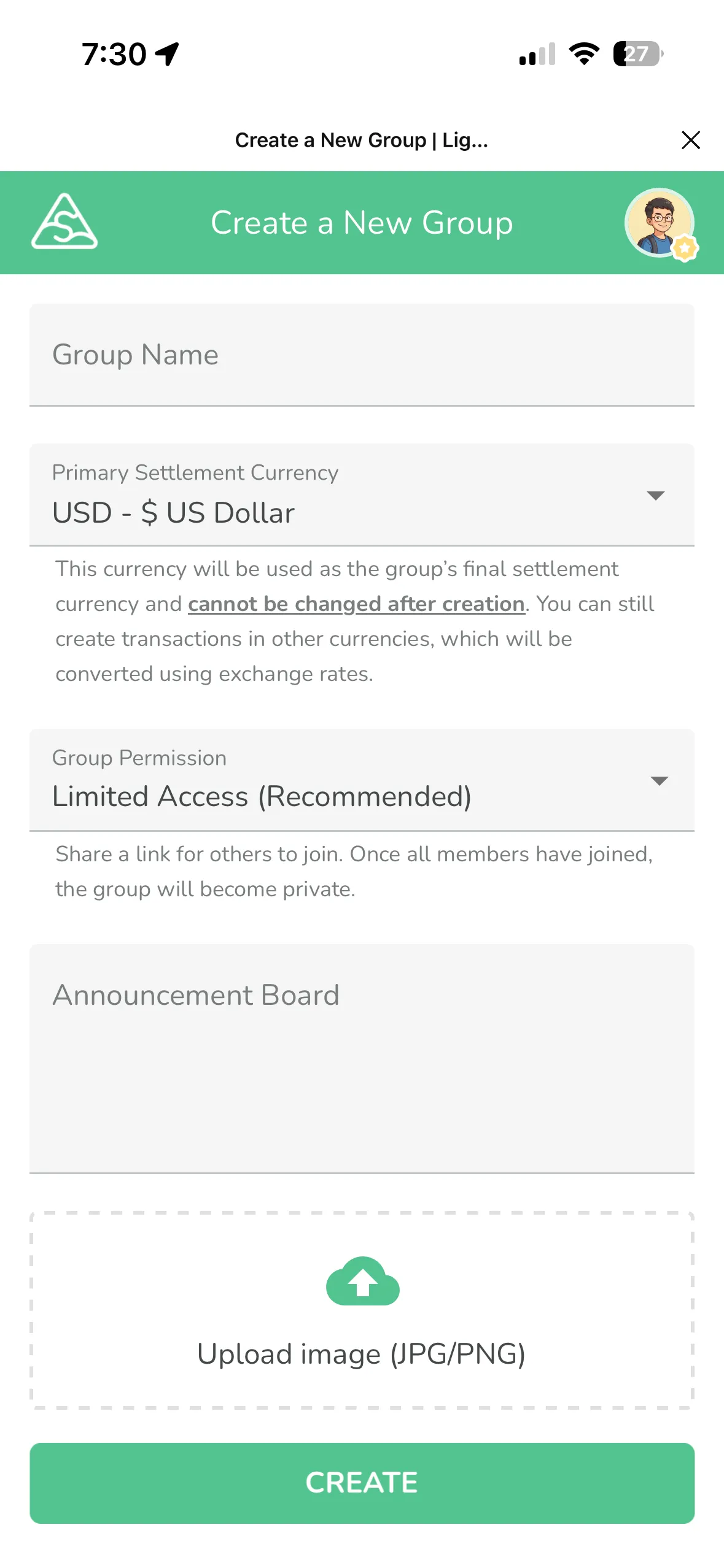 그룹 생성 시 정산 통화를 설정하는 화면