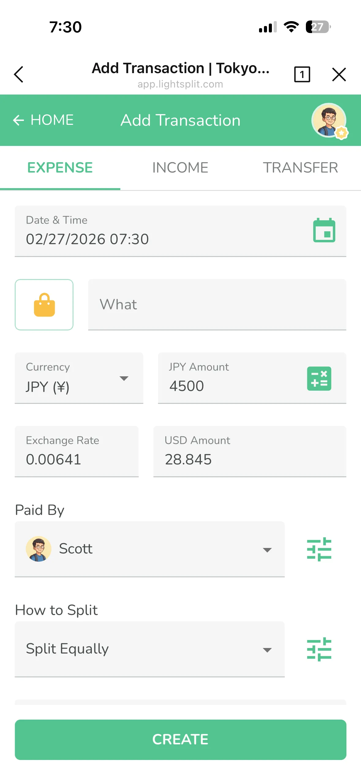 JPY로 지출을 추가하면 환율이 자동으로 표시되는 화면