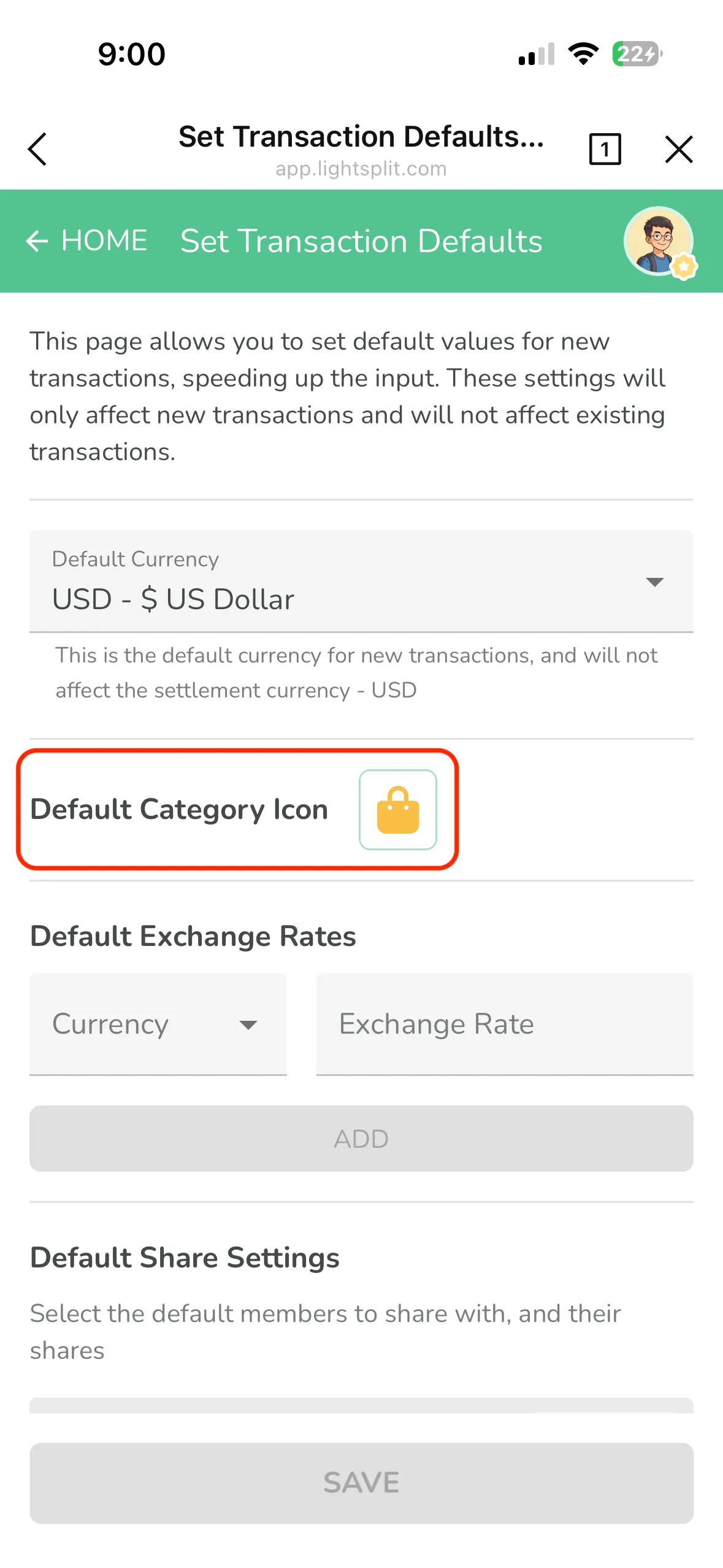 설정 페이지의 기본 카테고리 아이콘 옵션