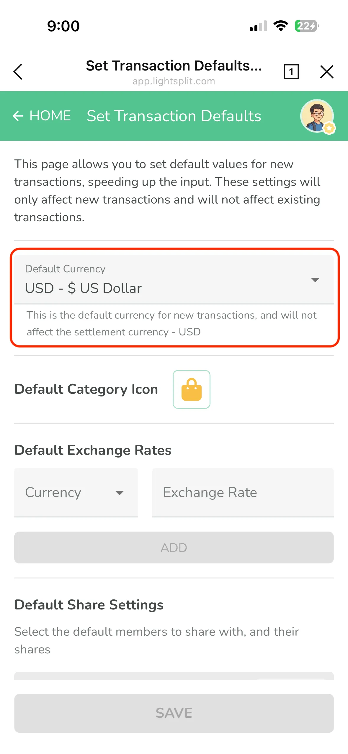 거래 기본값 설정 페이지에서 기본 통화 선택 부분