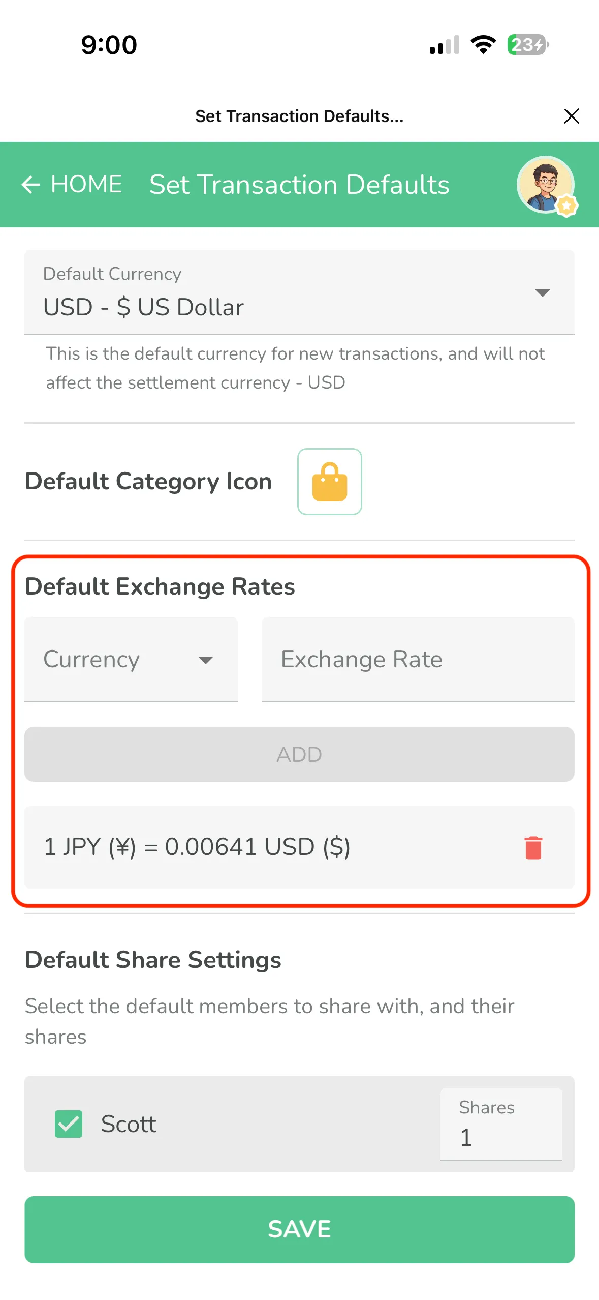 기본 환율 섹션, 1 JPY = 0.00641 USD 저장됨